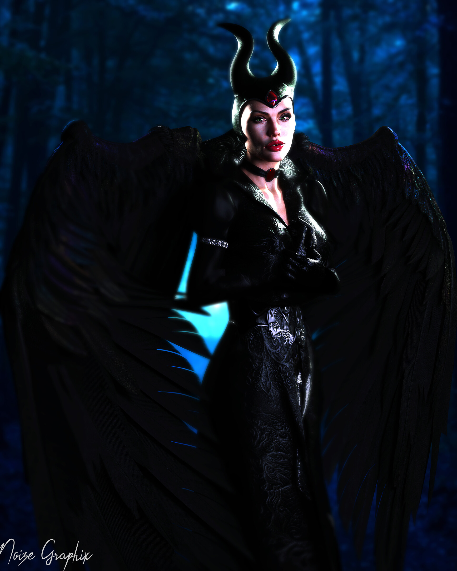 Jordi Djojosemito Wings Green Eyes Demon Horns Black Wings Digital Art Women Black Clothing Angelina 1920x2400