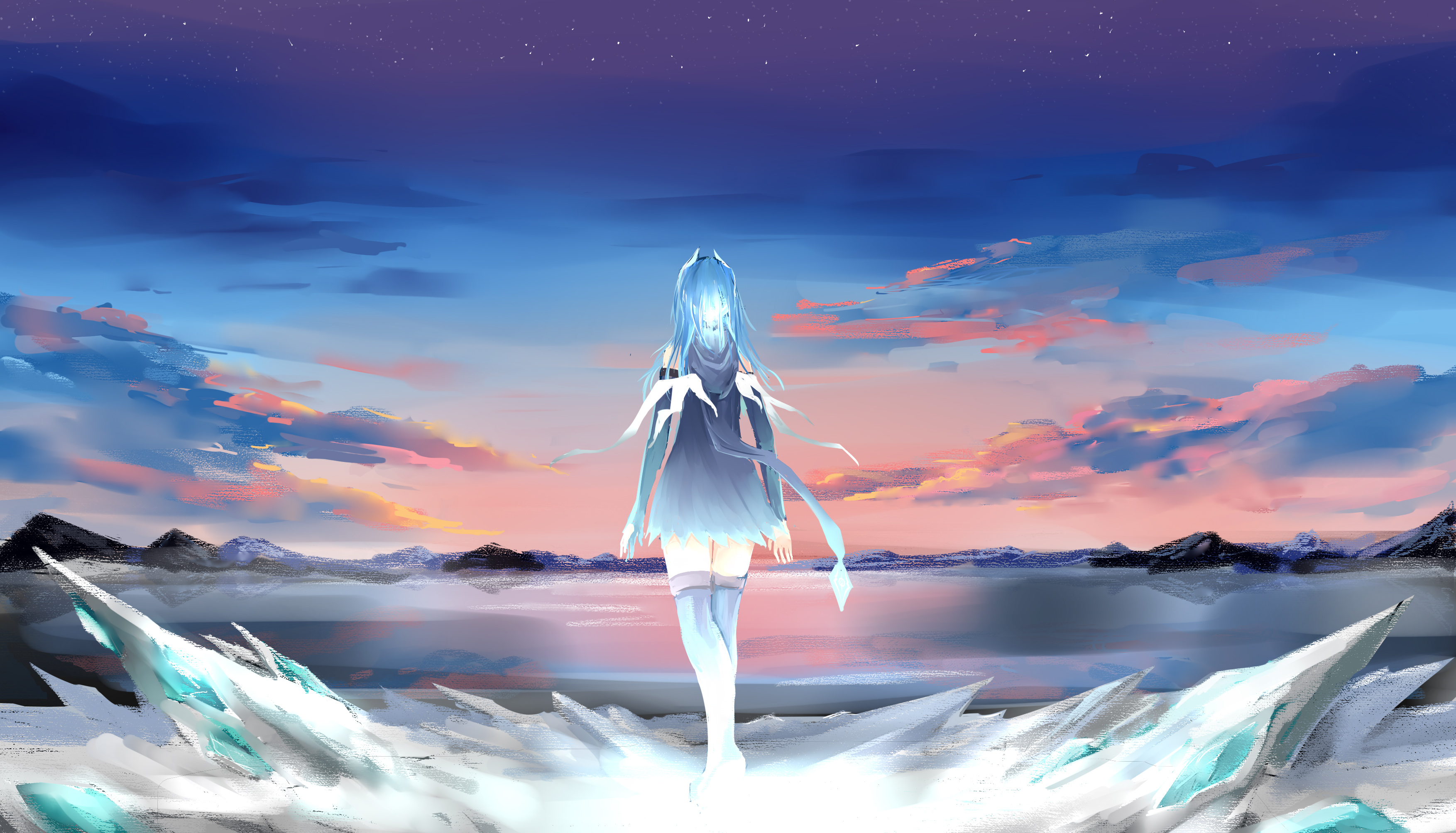Anime Anime Girls Pixiv Fantasia Clouds Mountains Blue Hair Long Hair Sunset Sea Stars Ribbons Walki 3507x2007
