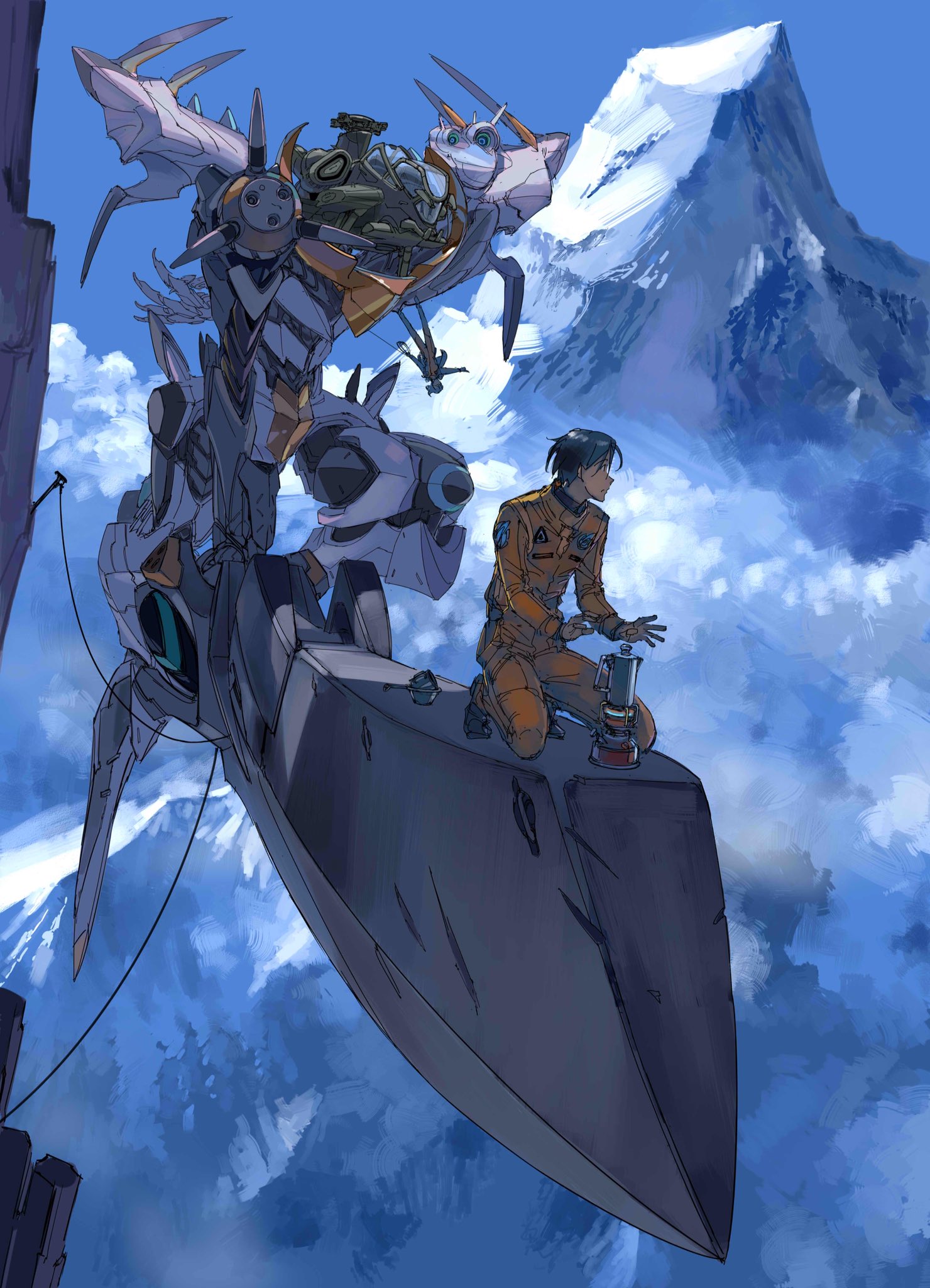 Iconic Field Clouds Mech Anime Boys Anime Girls Flying 1480x2048