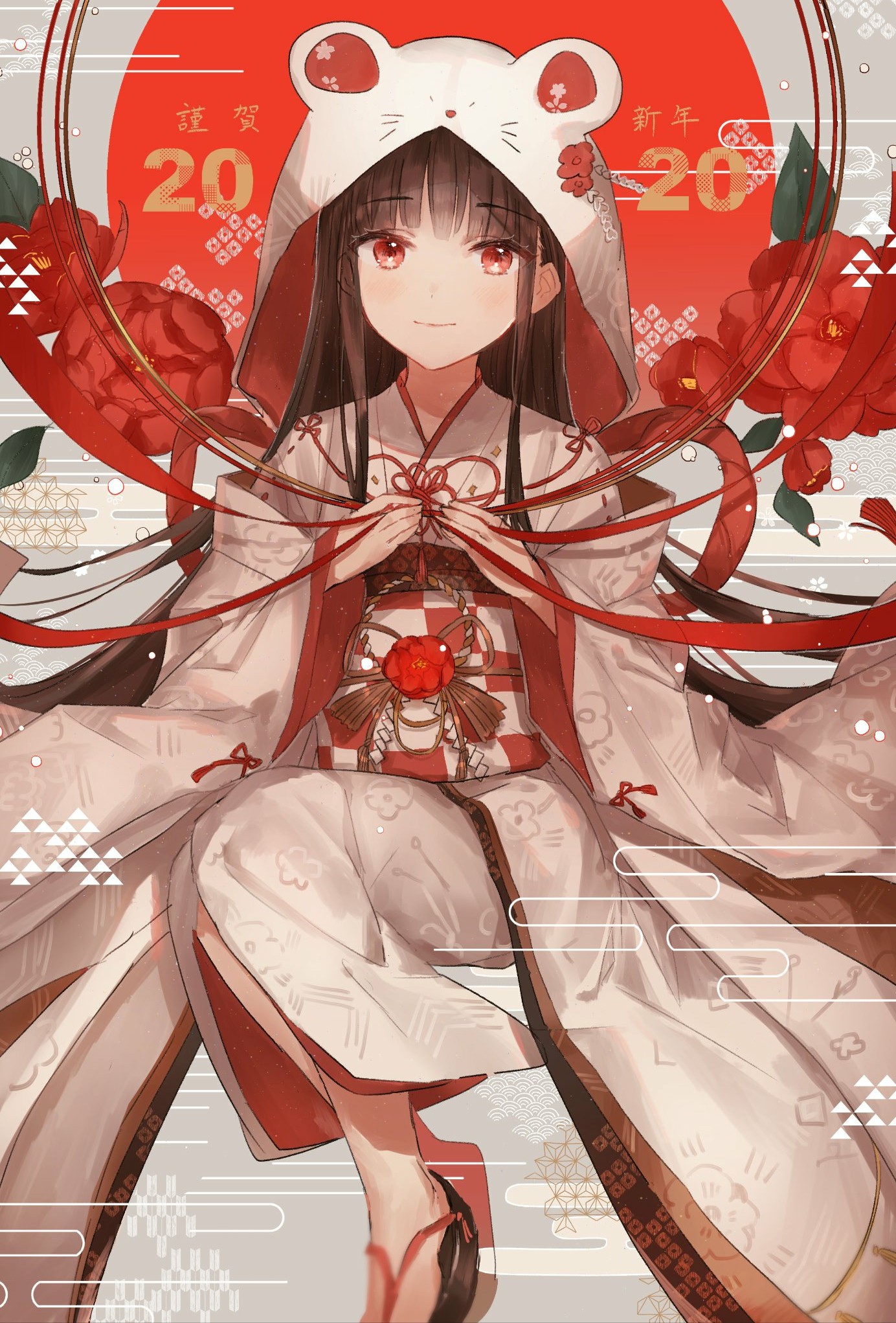Anime Anime Girls Oyuyu New Year Japanese Clothes Kimono Brunette Red Eyes  Wallpaper - Resolution:1384x2043 - ID:1192096 
