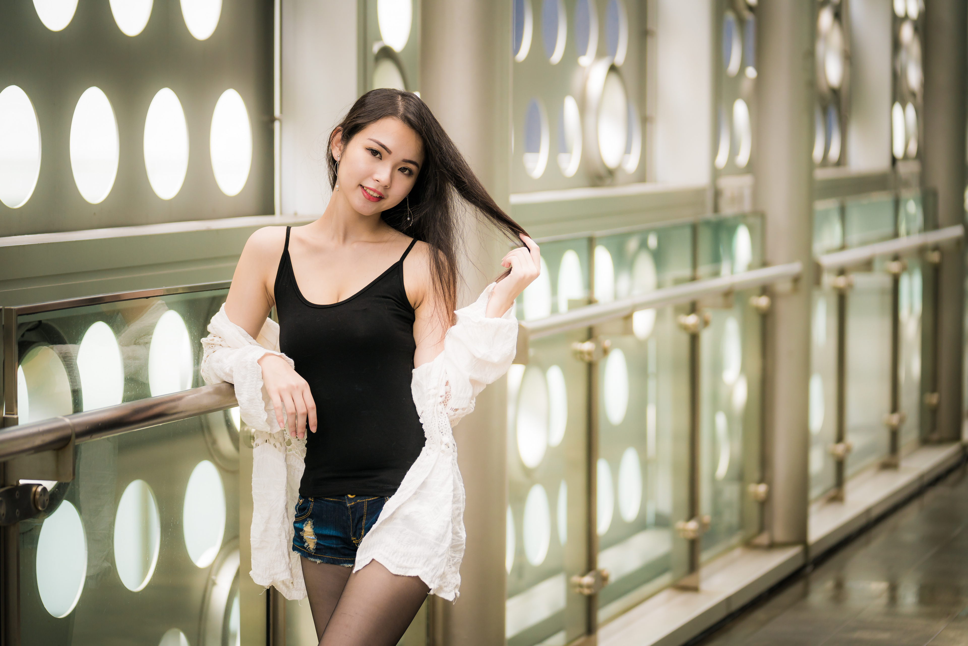 Asian Model Women Long Hair Brunette Black Shirt Shorts Jeans Jacket Nylons Railing Leaning 3840x2561