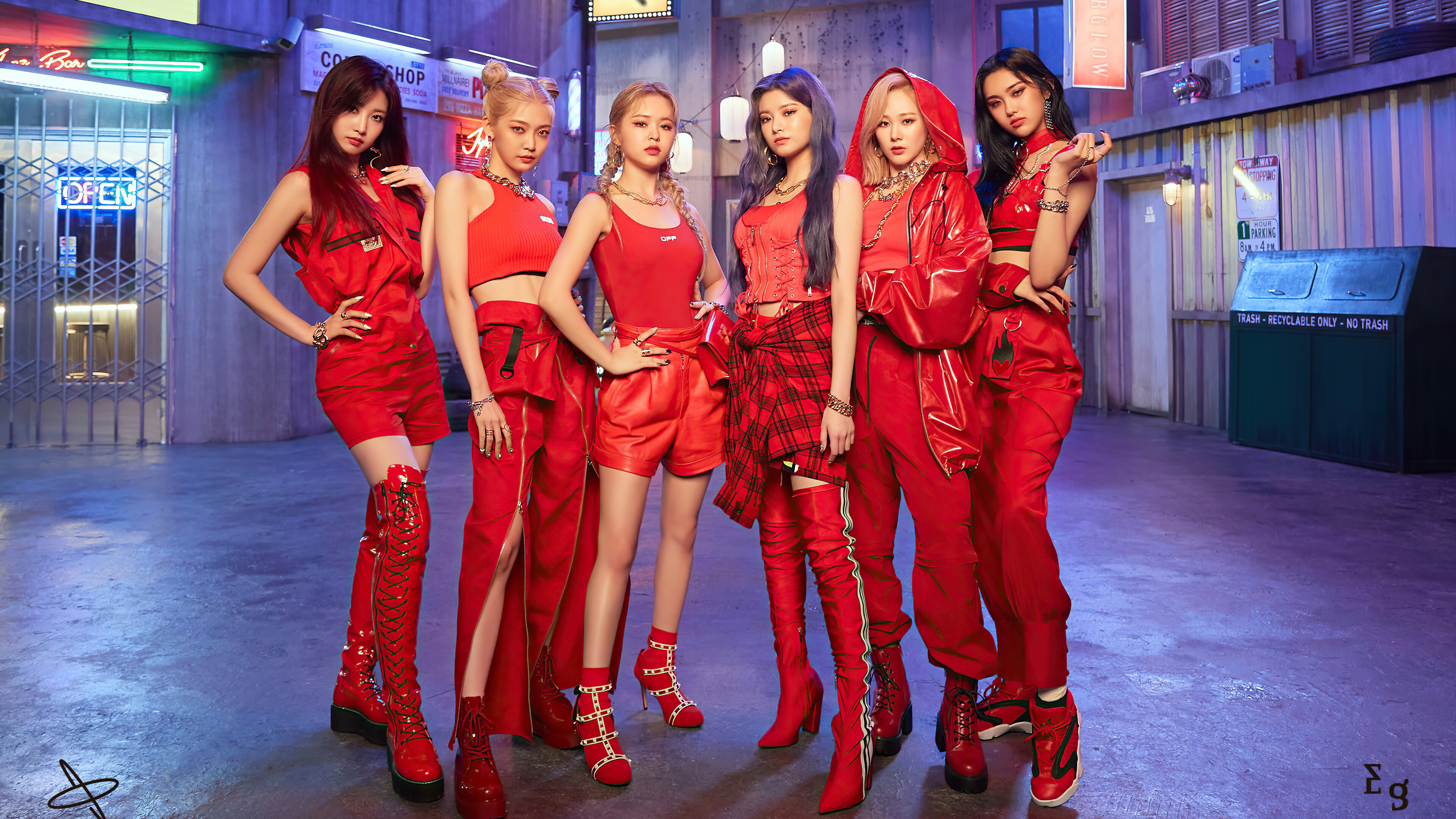 Women Singer K Pop EVERGLOW Red Clothing Neon Boots Red Boots Urban 3840x2160