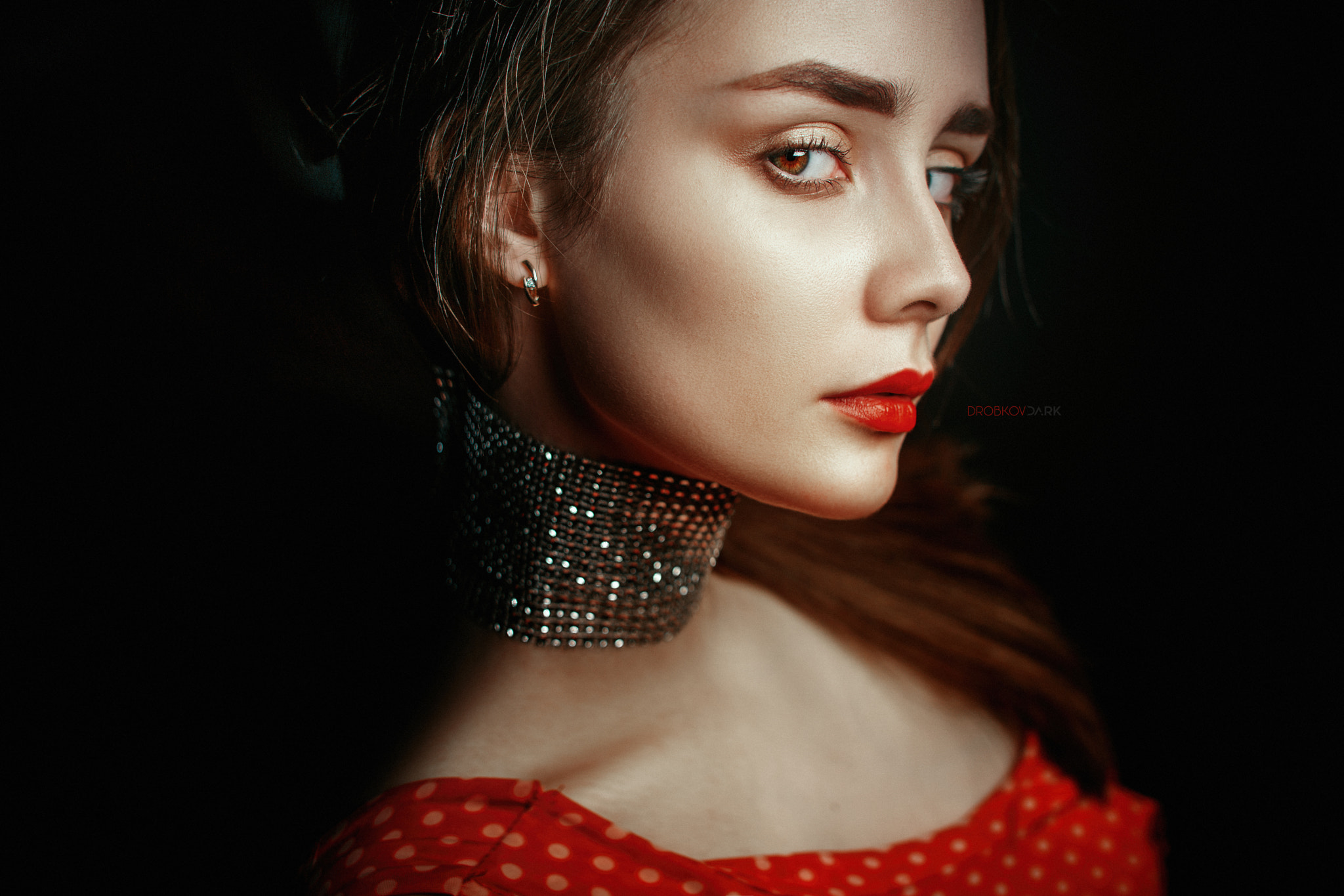 Alexander Drobkov Women Brunette Choker Looking At Viewer Red Lipstick Red Dark Portrait 2048x1365