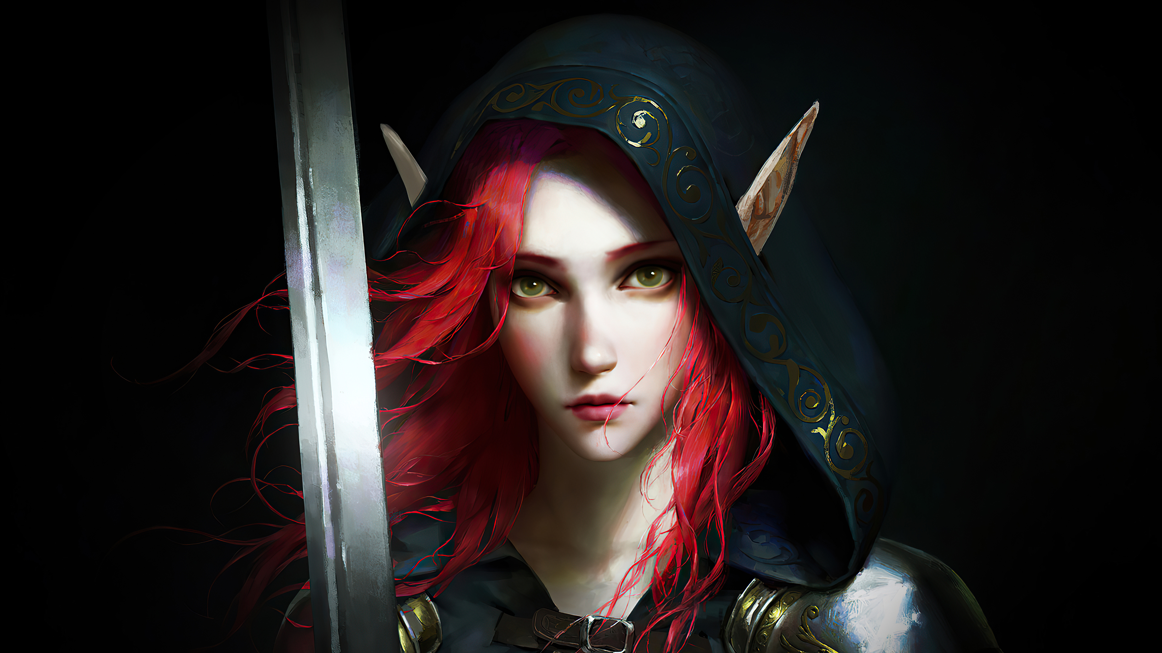 Elf Girl Hood Pointed Ears Red Hair Sword Woman Warrior 3840x2160