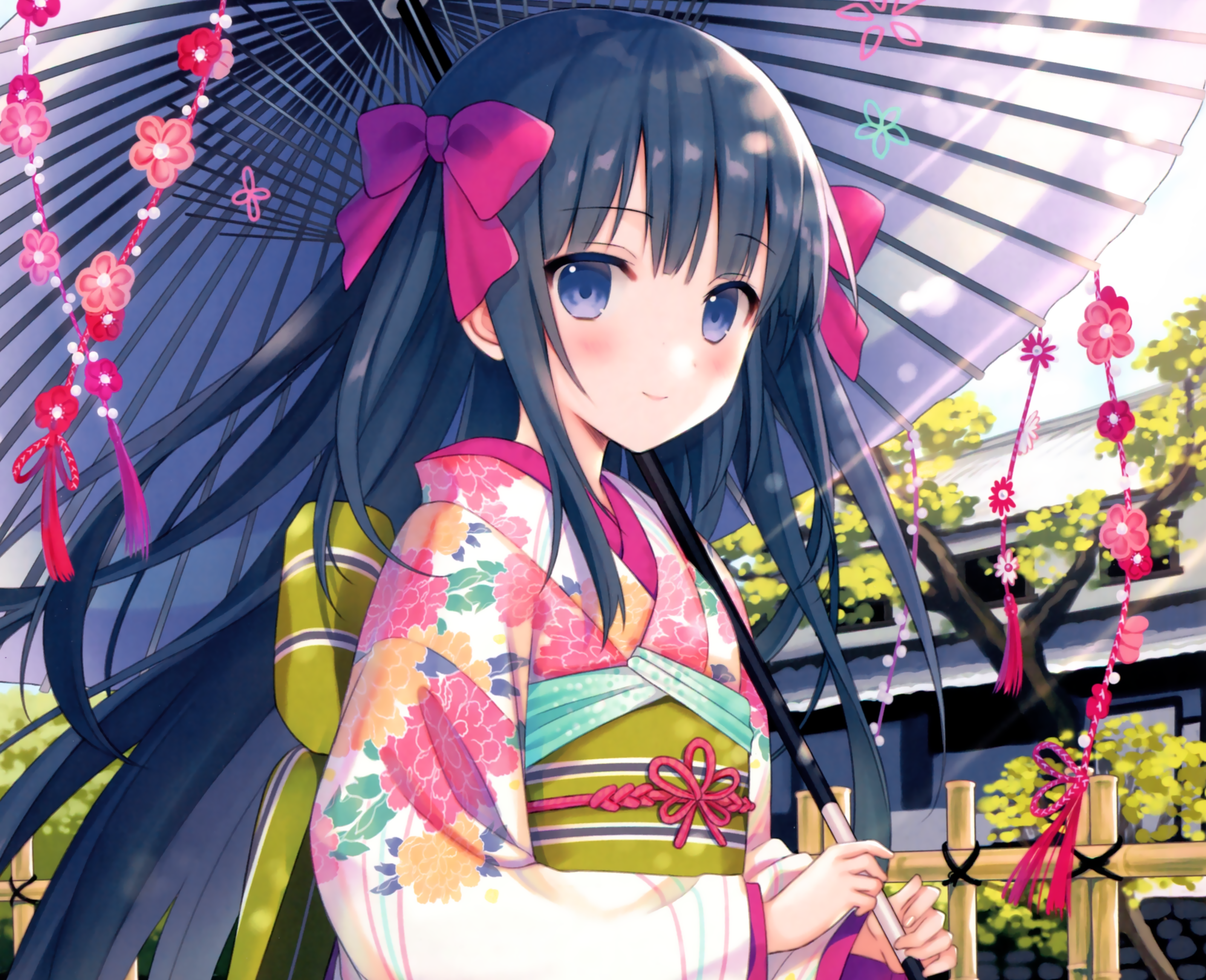 Black Hair Blue Eyes Blush Flower Kimono Long Hair Parasol Smile Bow Clothing 3200x2600