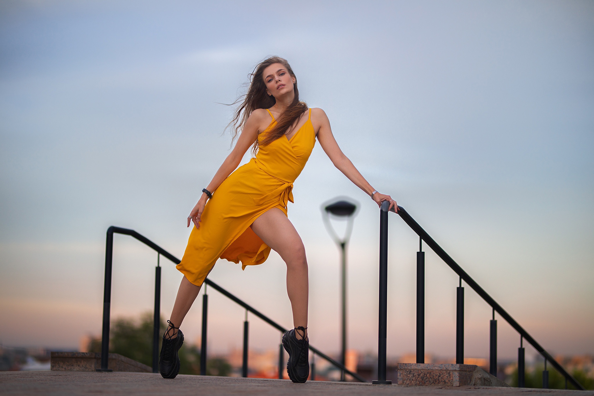 Dmitry Shulgin Women Model Standing Legs Dress Yellow Dress Looking At Viewer Women Outdoors Outdoor 2048x1365
