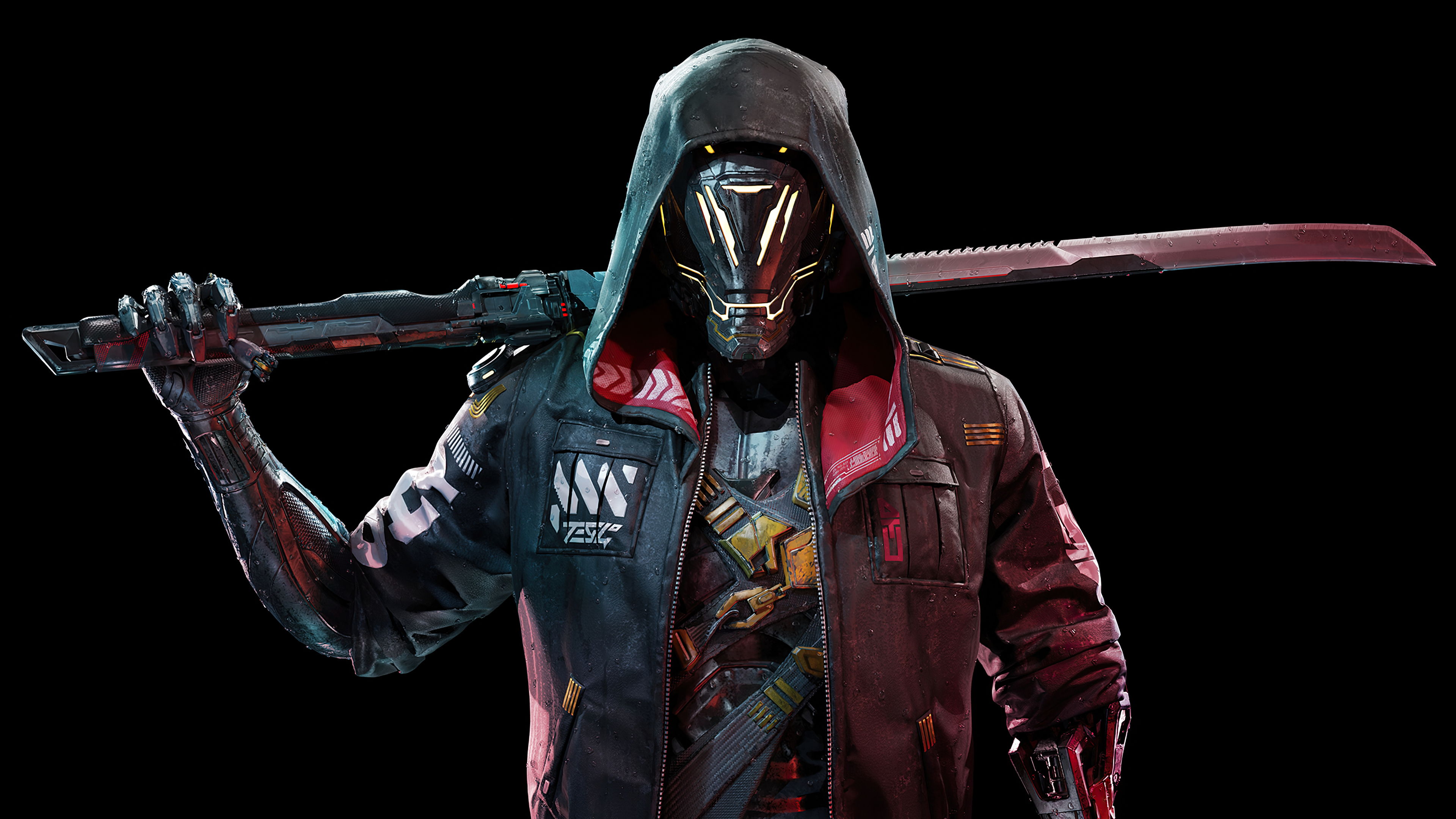 Video Games Ghostrunner Cyberpunk Cyborg Ninja Katana Jacket Hoods Helmet Black Background Science F 3840x2160