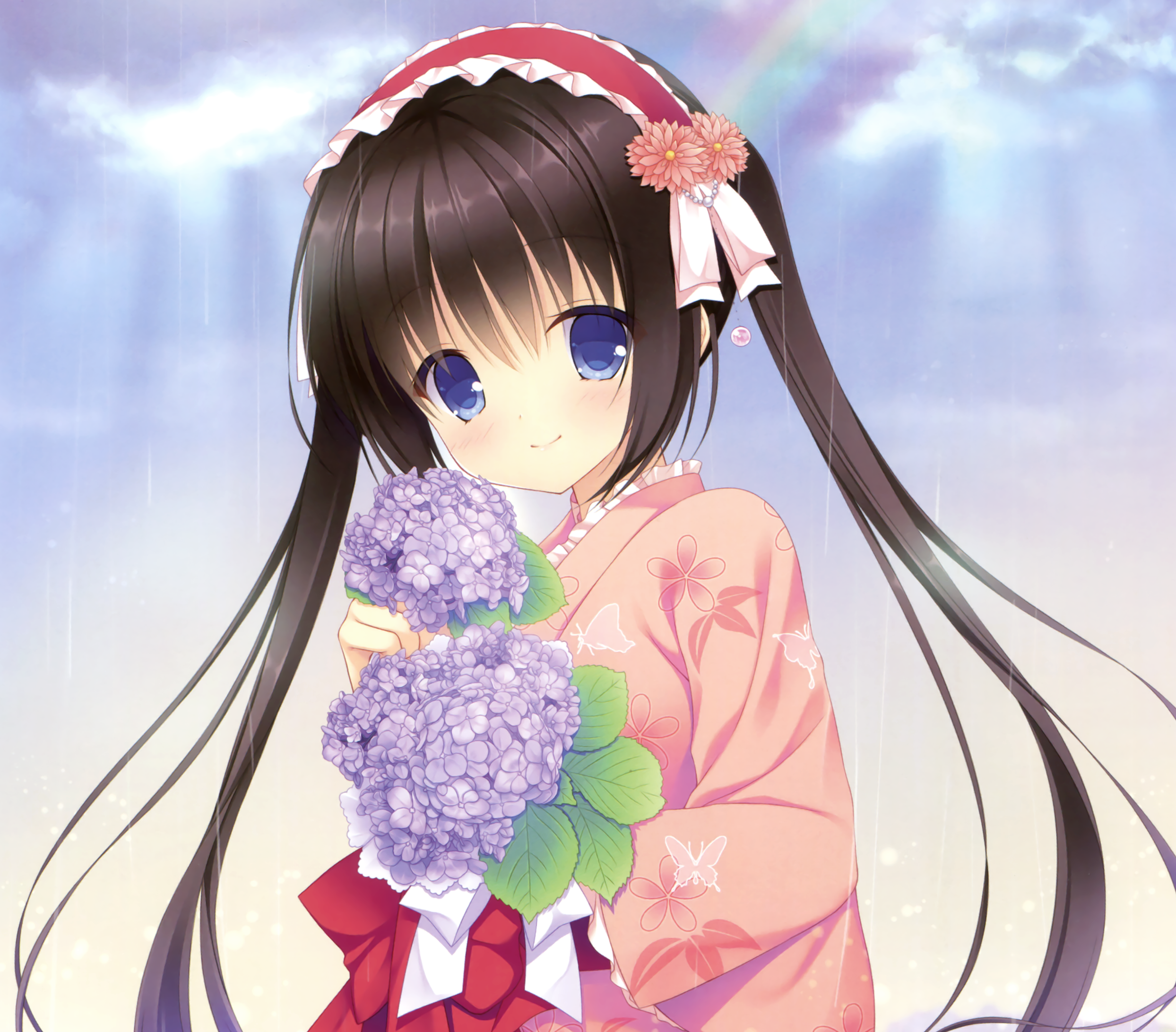 Blue Eyes Brown Hair Carnation Headband Kimono Long Hair Rainbow Smile Twintails 2488x2184