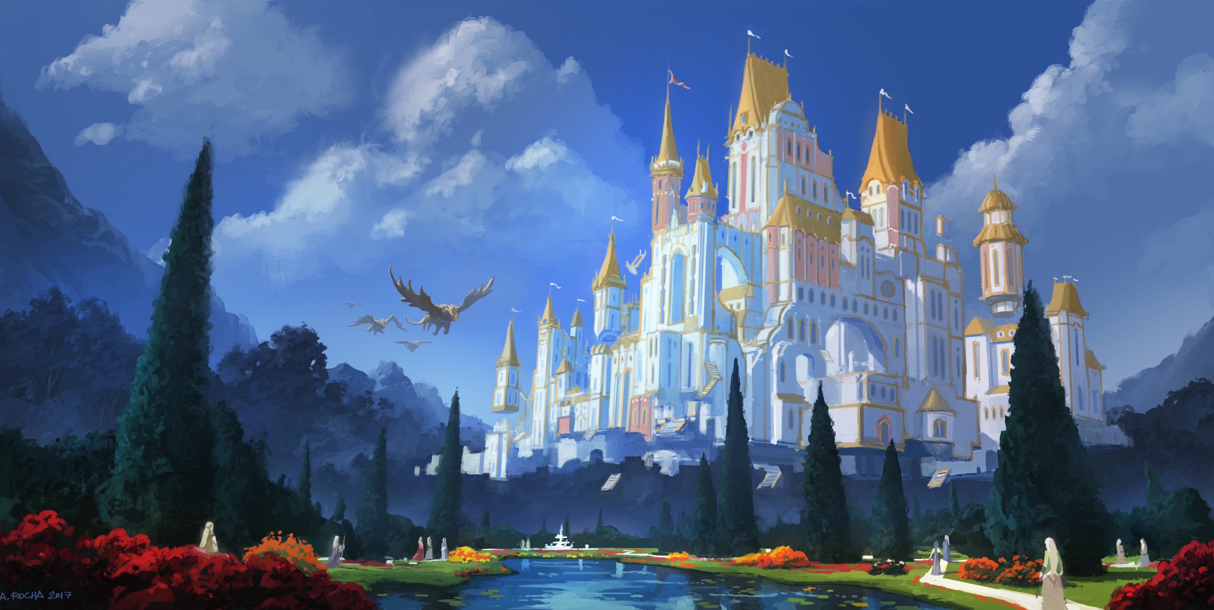Andreas Rocha Castle Dragon Creature Garden Trees Lake Flowers Tower Mountains Sky Clouds Fantasy Ar 4817x2421