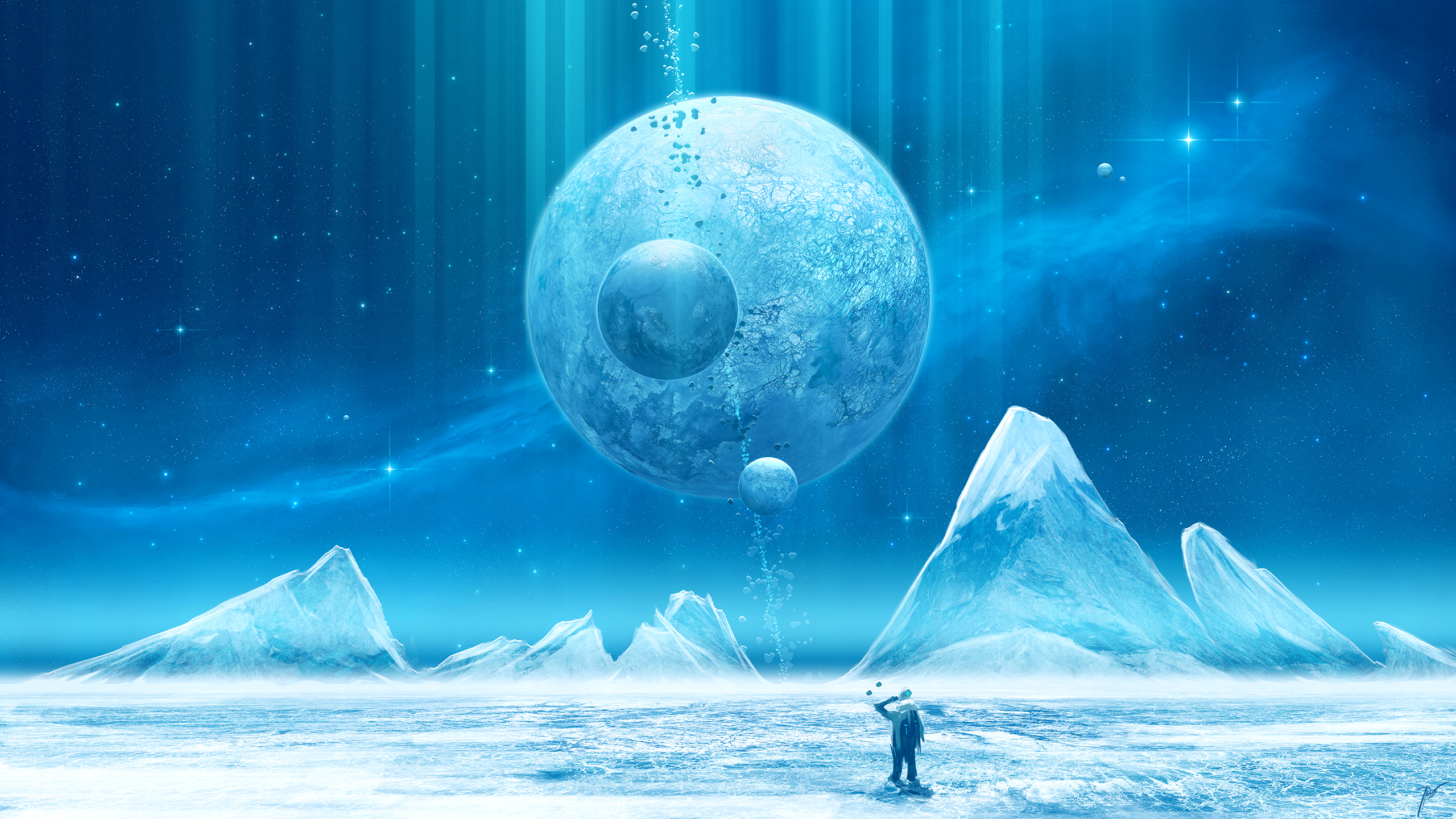 JoeyJazz Space Art Ice Science Fiction Planet Blue Stars Artwork 2560x1440