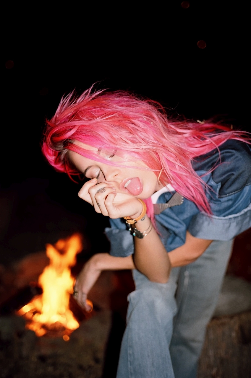 Chloe Norgaard Women Model Closed Eyes Tongue Out Night Fire Depth Of Field Pink Hair Danish Long Ha 849x1280