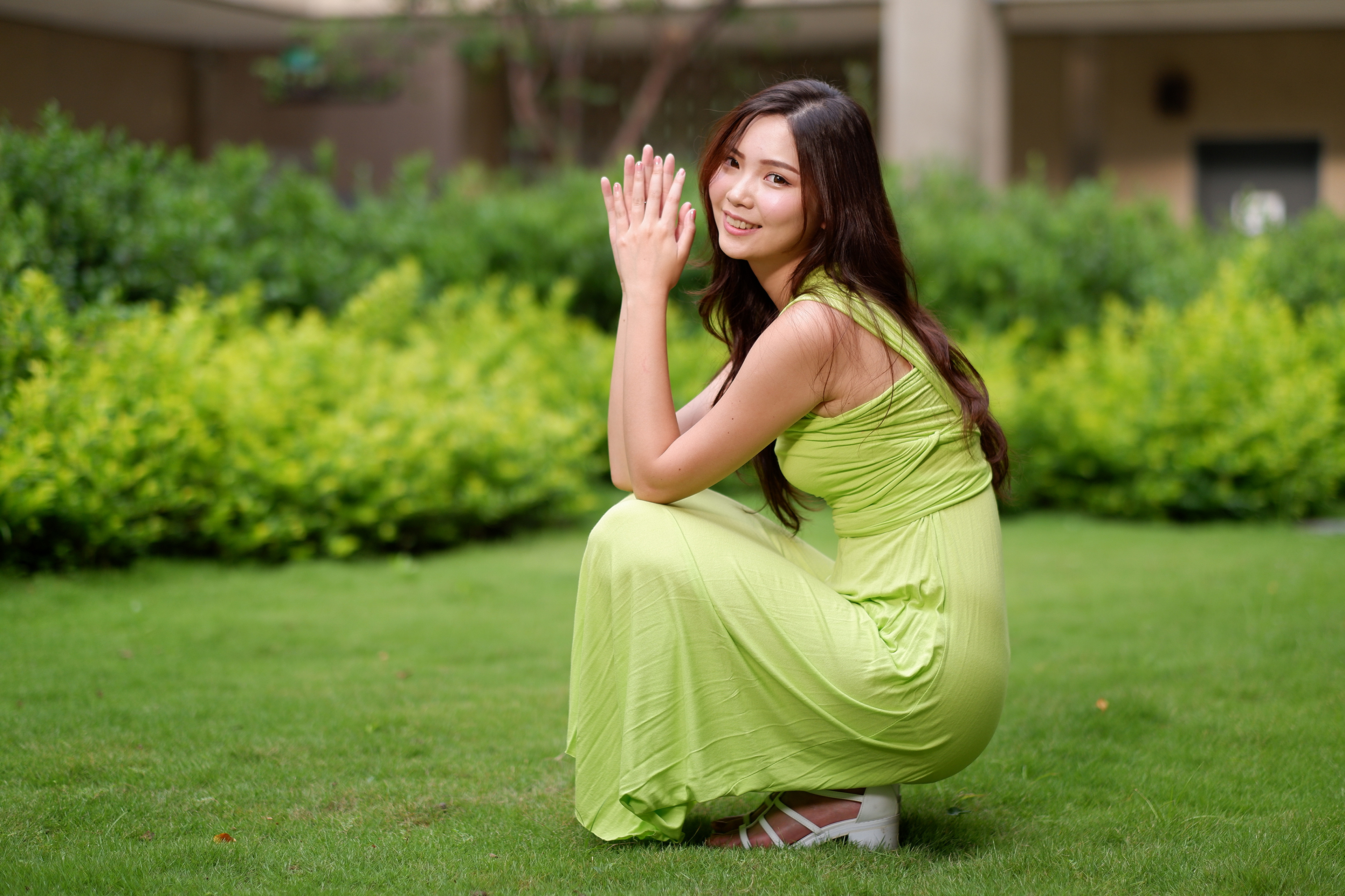 Asian Women Model Long Hair Brunette Green Dress Grass Bushes Building Depth Of Field 3840x2559