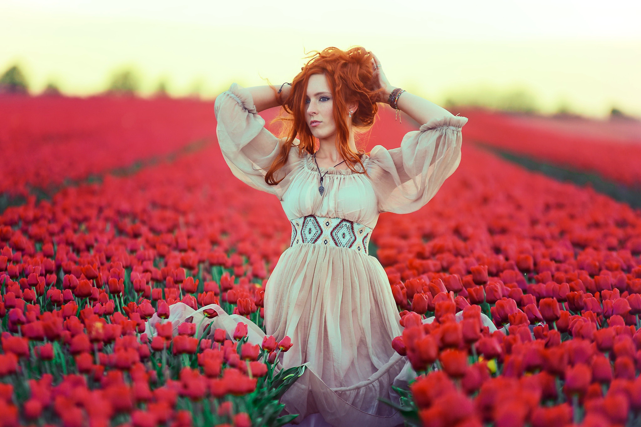 Women Model Standing Arms Up Redhead Tulips Flowers Agro Plants Field Women Outdoors Looking Away Ou 2048x1367