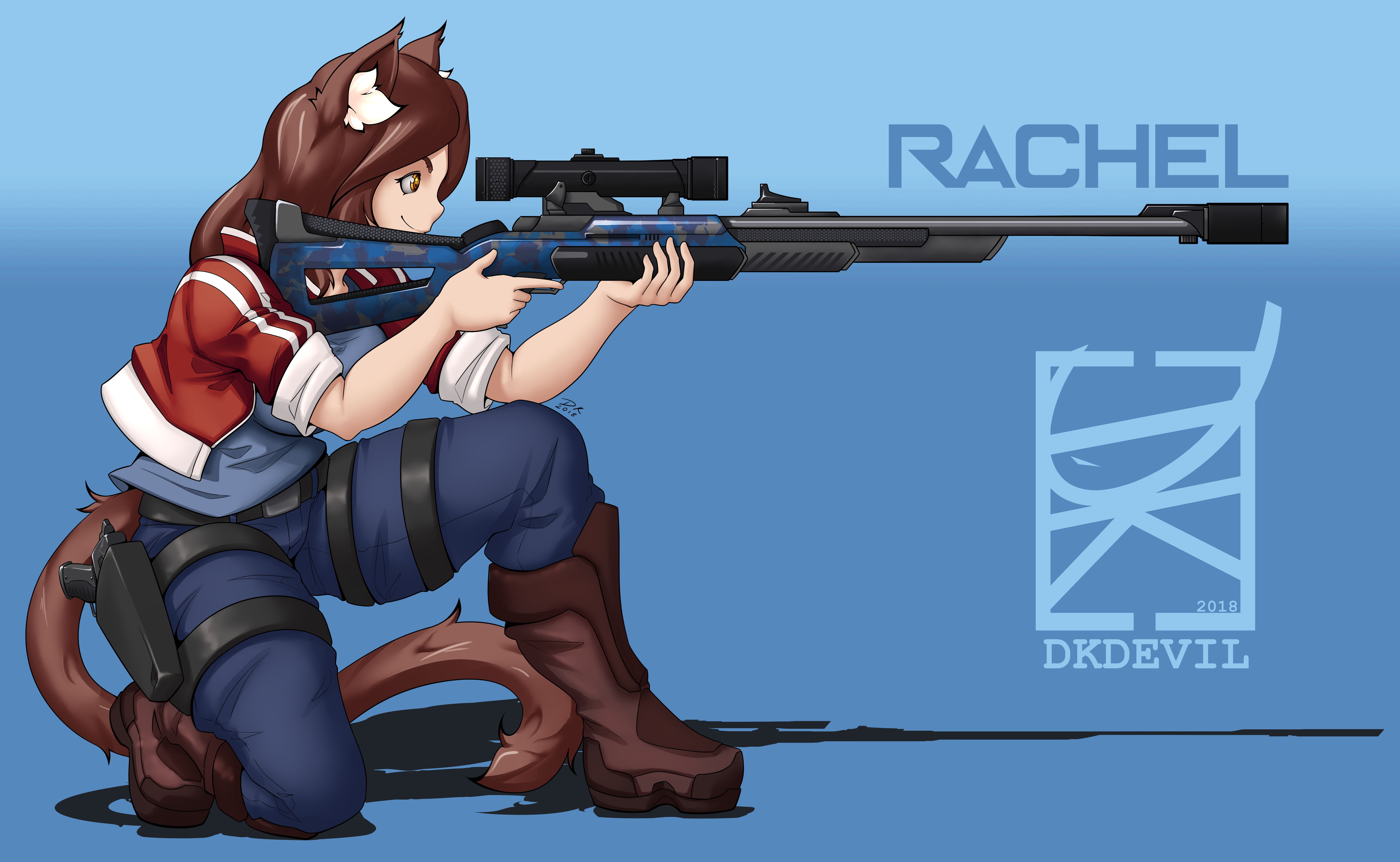Cat Girl Nekomimi Sniper Rifle Blue Background Women Rifles Animal Ears Tail Anime Girls Anime 7356x4531