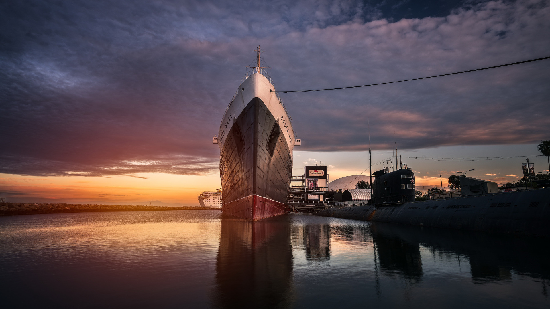 Ship Water Clouds Harbor Ropes Sea Sunset Hangar Submarine Reflection Queen Mary 2 Long Beach 1920x1080