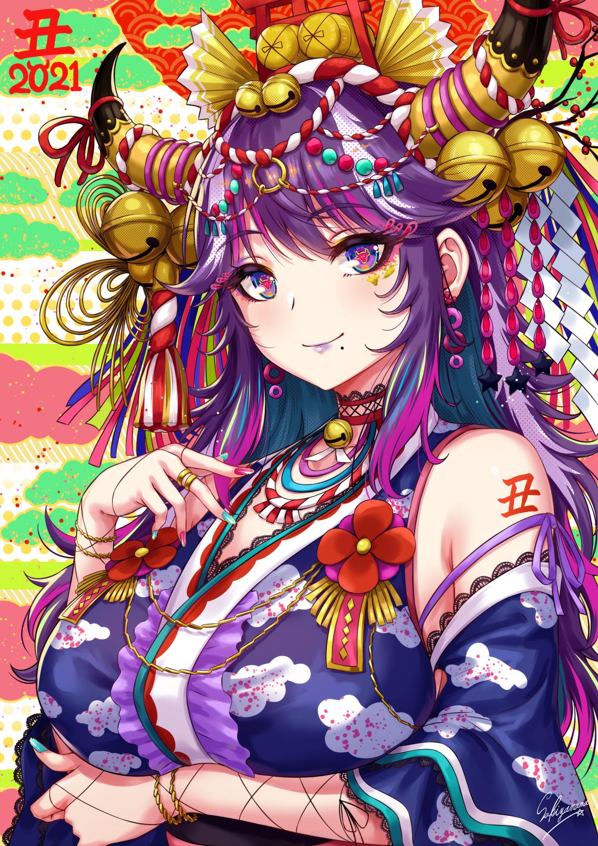 Anime Anime Girls Artwork 2D Digital Art Portrait Display Vertical Sakiyamama Colorful New Year Horn 1200x1697