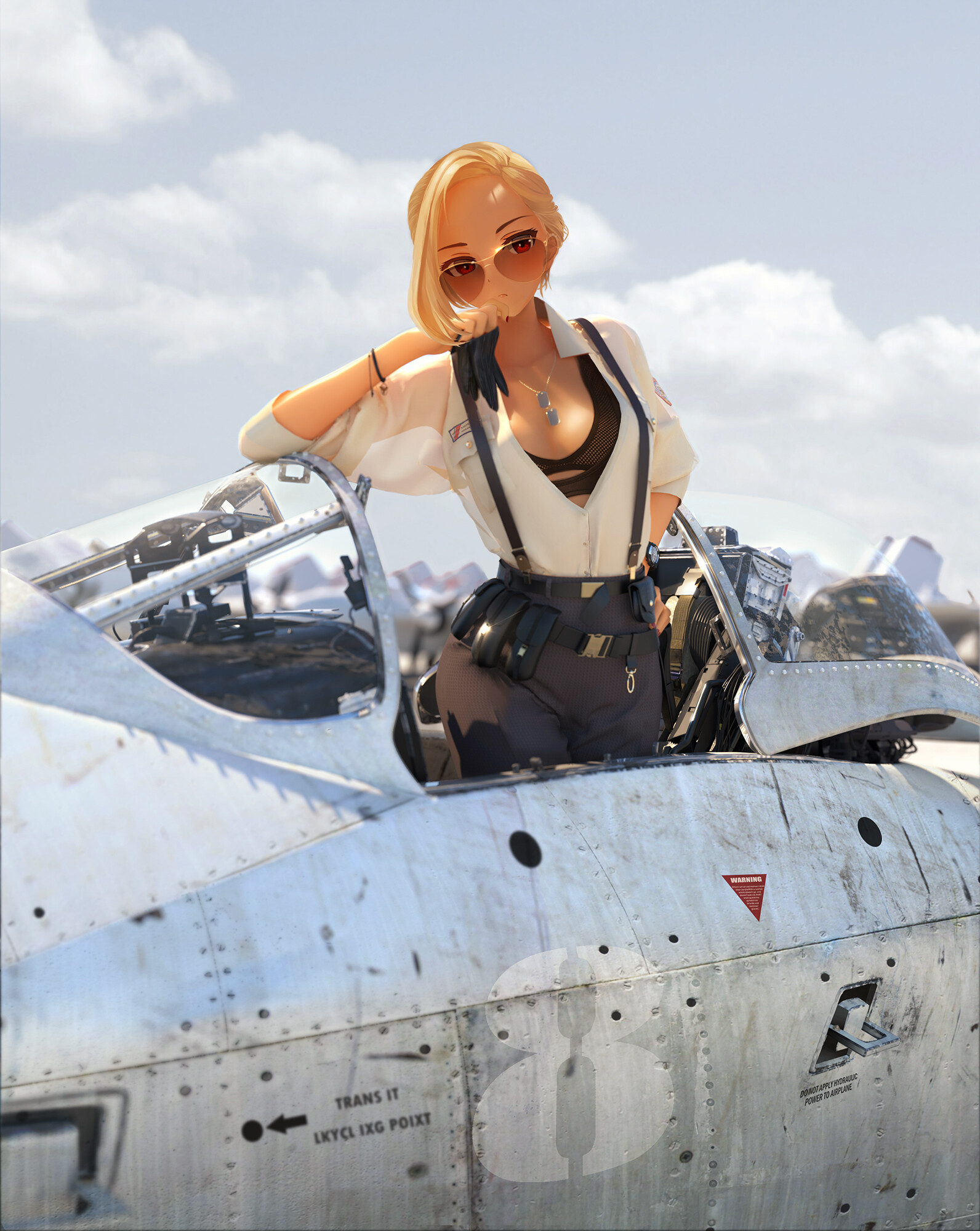 Nekocha Anime Anime Girls Aircraft Women With Shades Shades Blonde Military Aircraft Vehicle 1592x2000