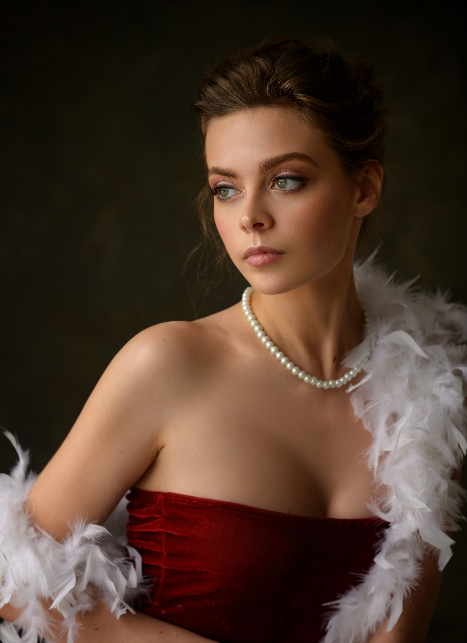 Dennis Drozhzhin Women Brunette Makeup Looking Away Necklace Beads Feathers Dress Red Clothing Bare  1487x2048