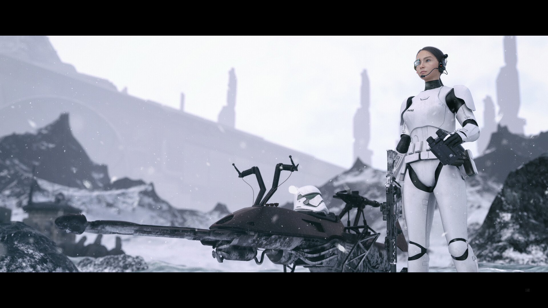 Imperial Forces Star Wars Women Stormtrooper Science Fiction Speeder Bike Vehicle Standing ArtStatio 1920x1080