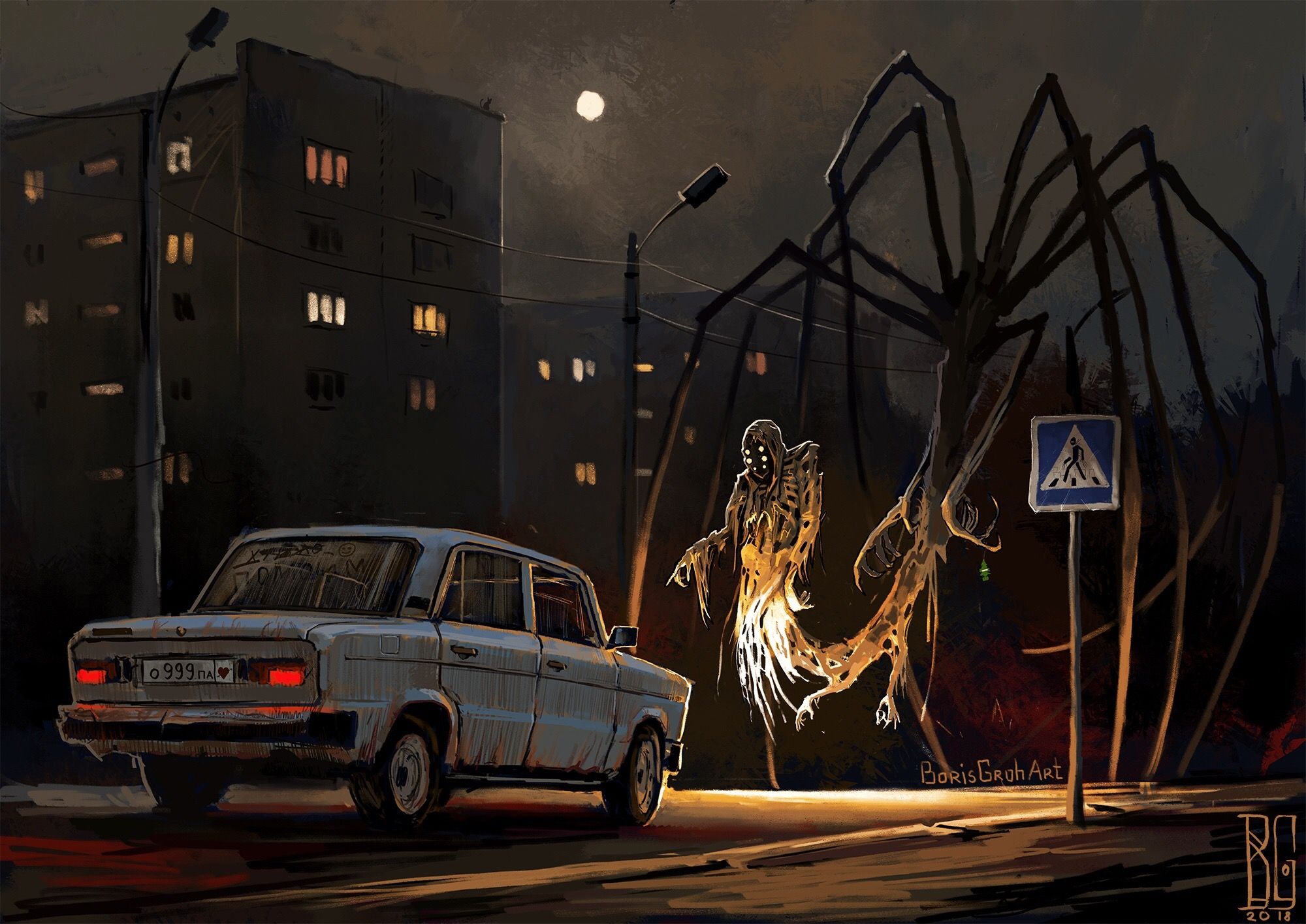 Creepy Creature Giant Night Car Boris Groh Horror 2000x1416