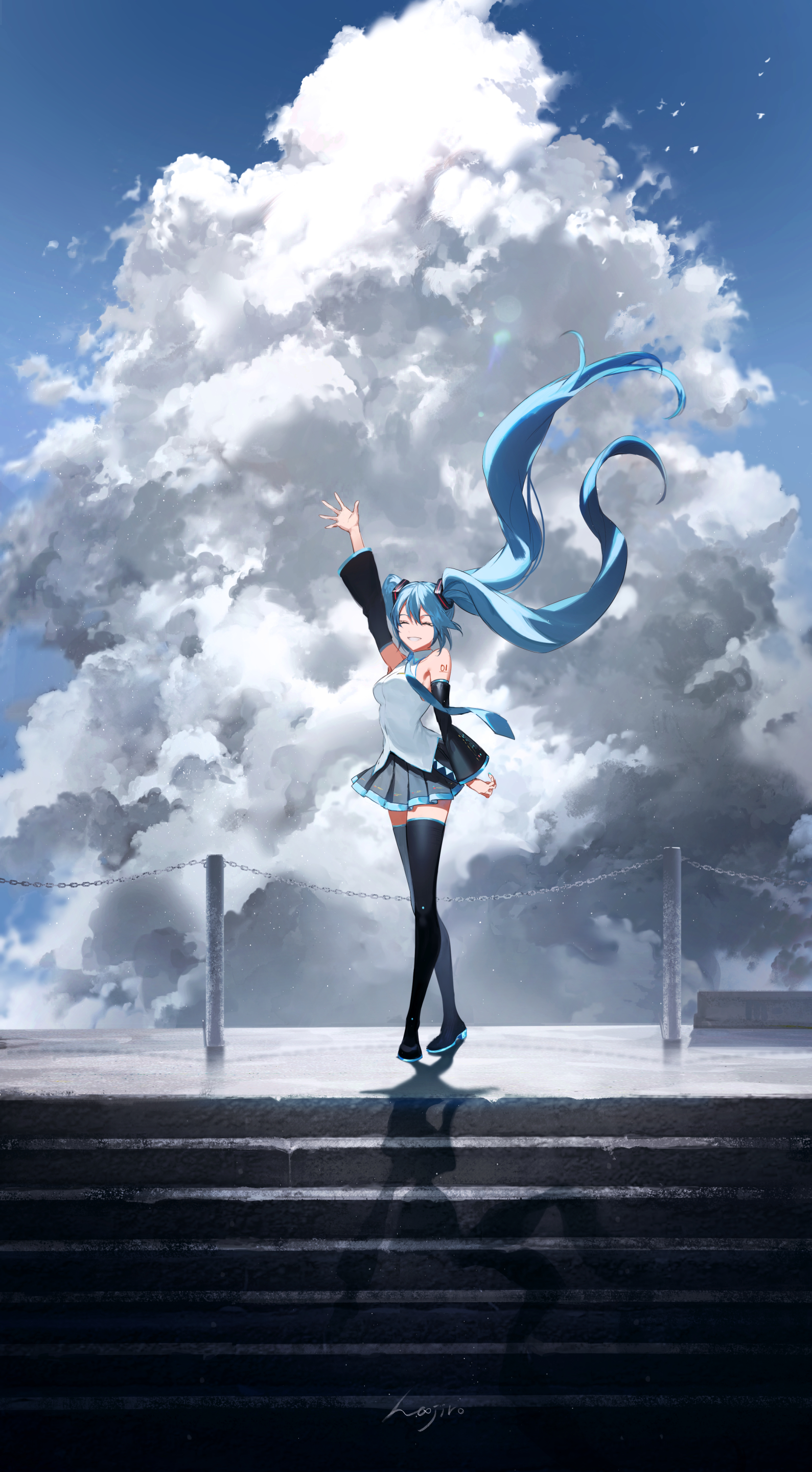 Anime Anime Girls Hoojiro Vocaloid Hatsune Miku Smiling Twintails Blue Hair Sky Clouds 1589x2879