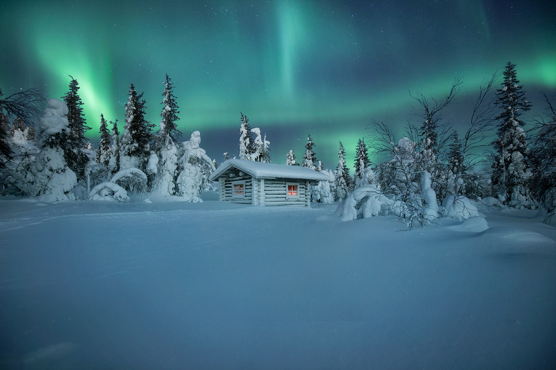 Cabin Finland Light Night Sky Snow Winter 1920x1280