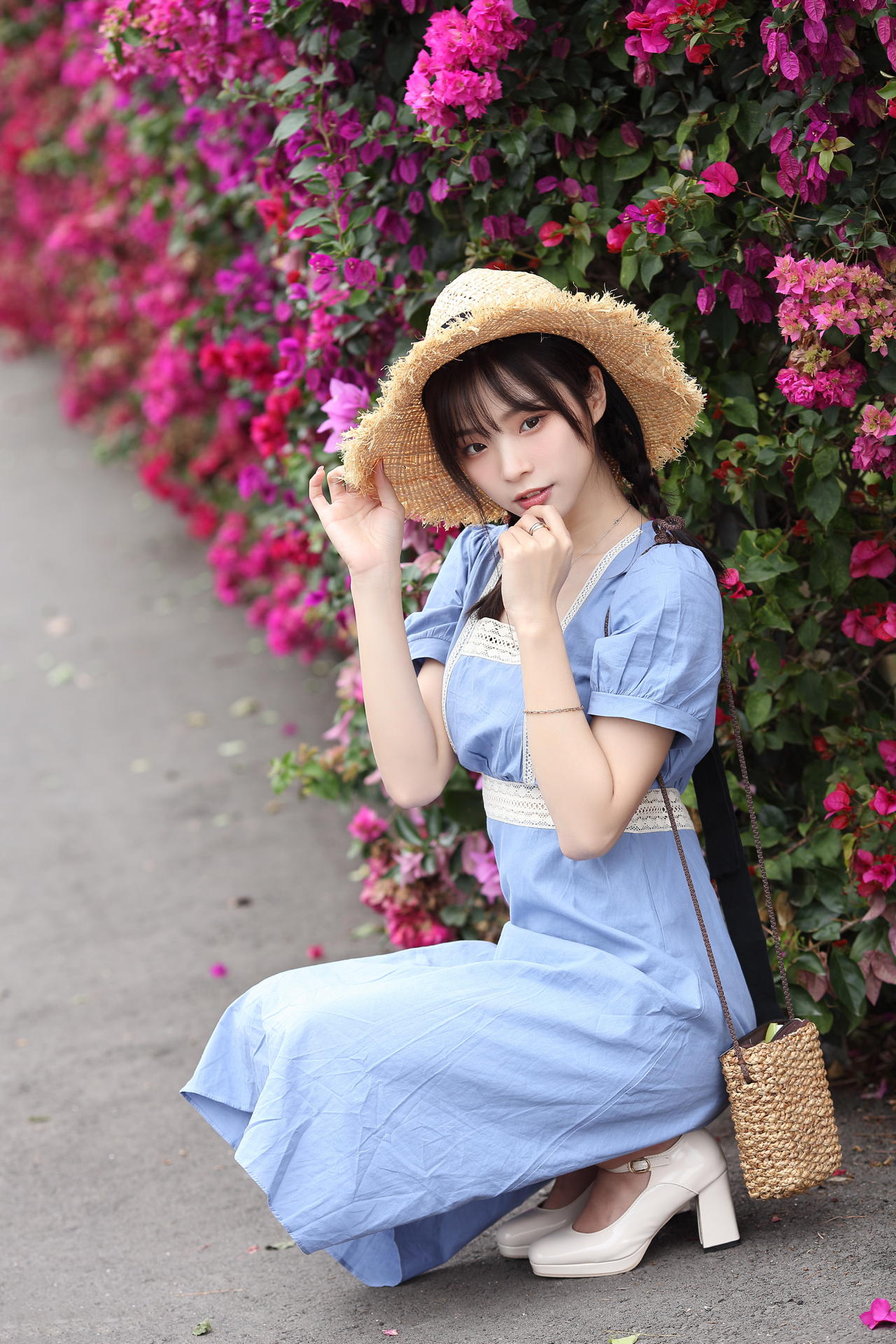 Asian Women Model Blue Dress Straw Hat Hand Bags Braided Hair Twintails Black Hair Bracelets Flowers 1280x1920