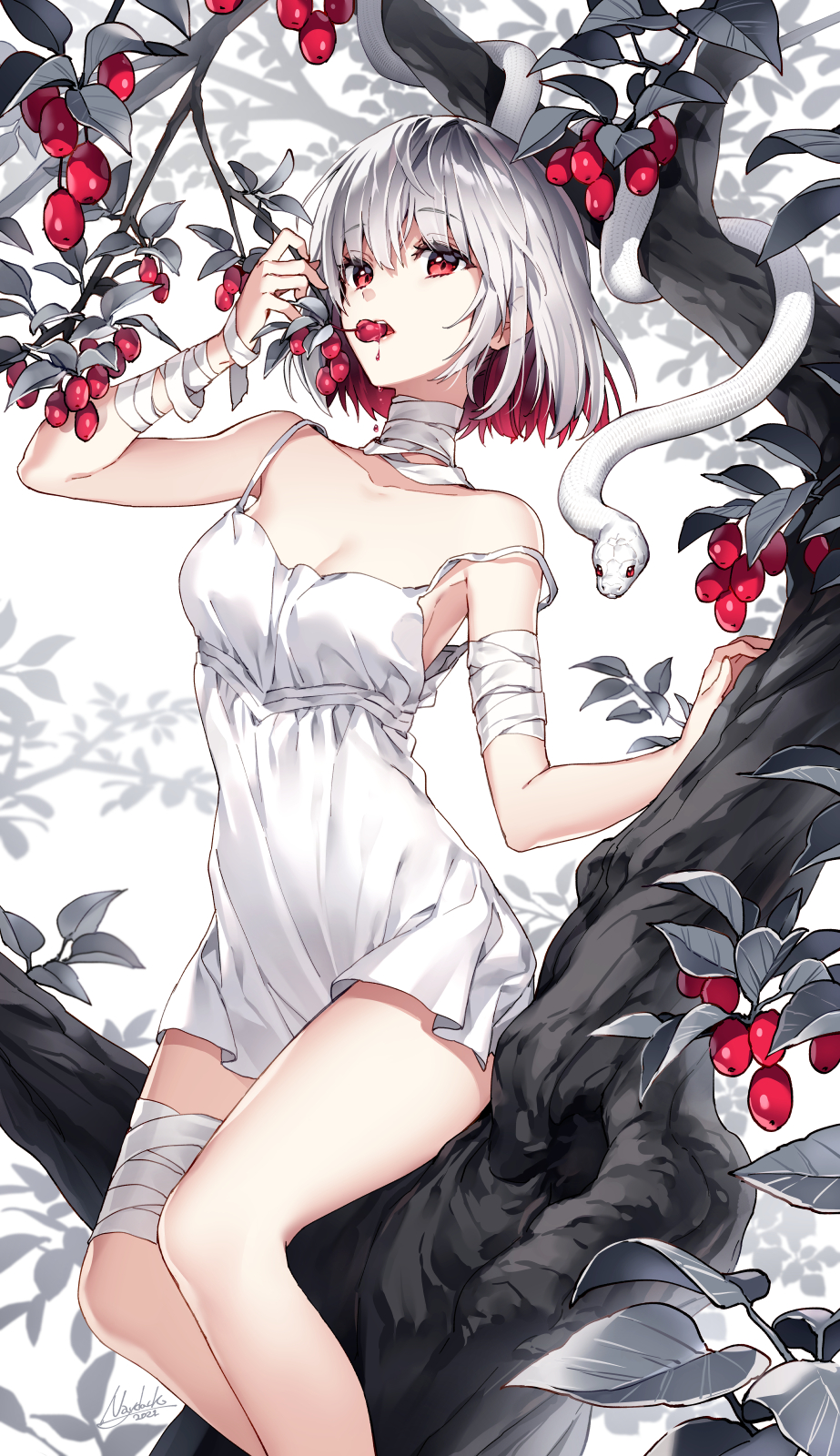Anime Anime Girls Digital Art Artwork 2D Portrait Display Vertical Nardack Trees Berries Snake Short 923x1600