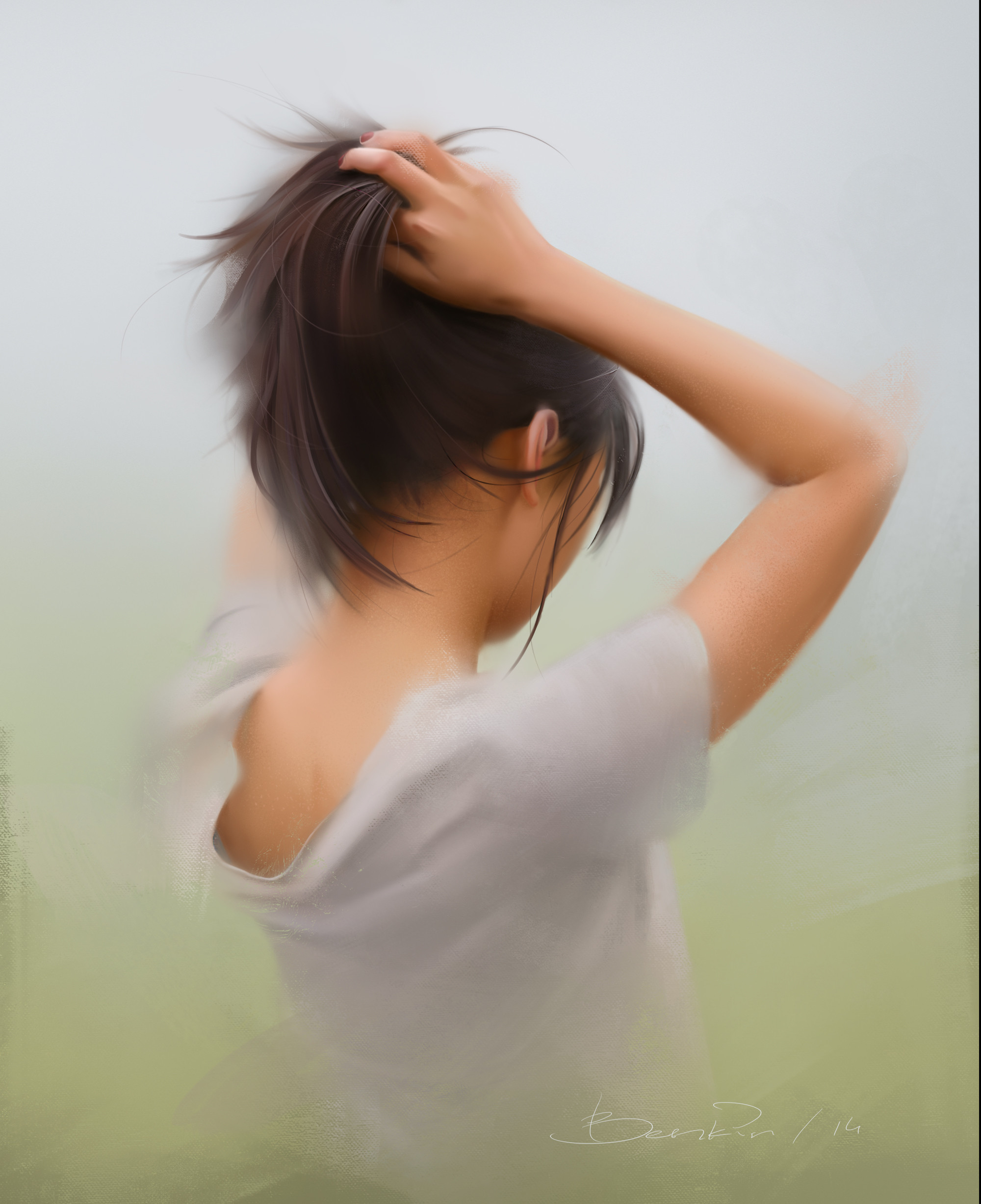 Ilya Benkin ArtStation Portrait Display Digital Art Women Digital Painting White T Shirt Ponytail Ar 2000x2454