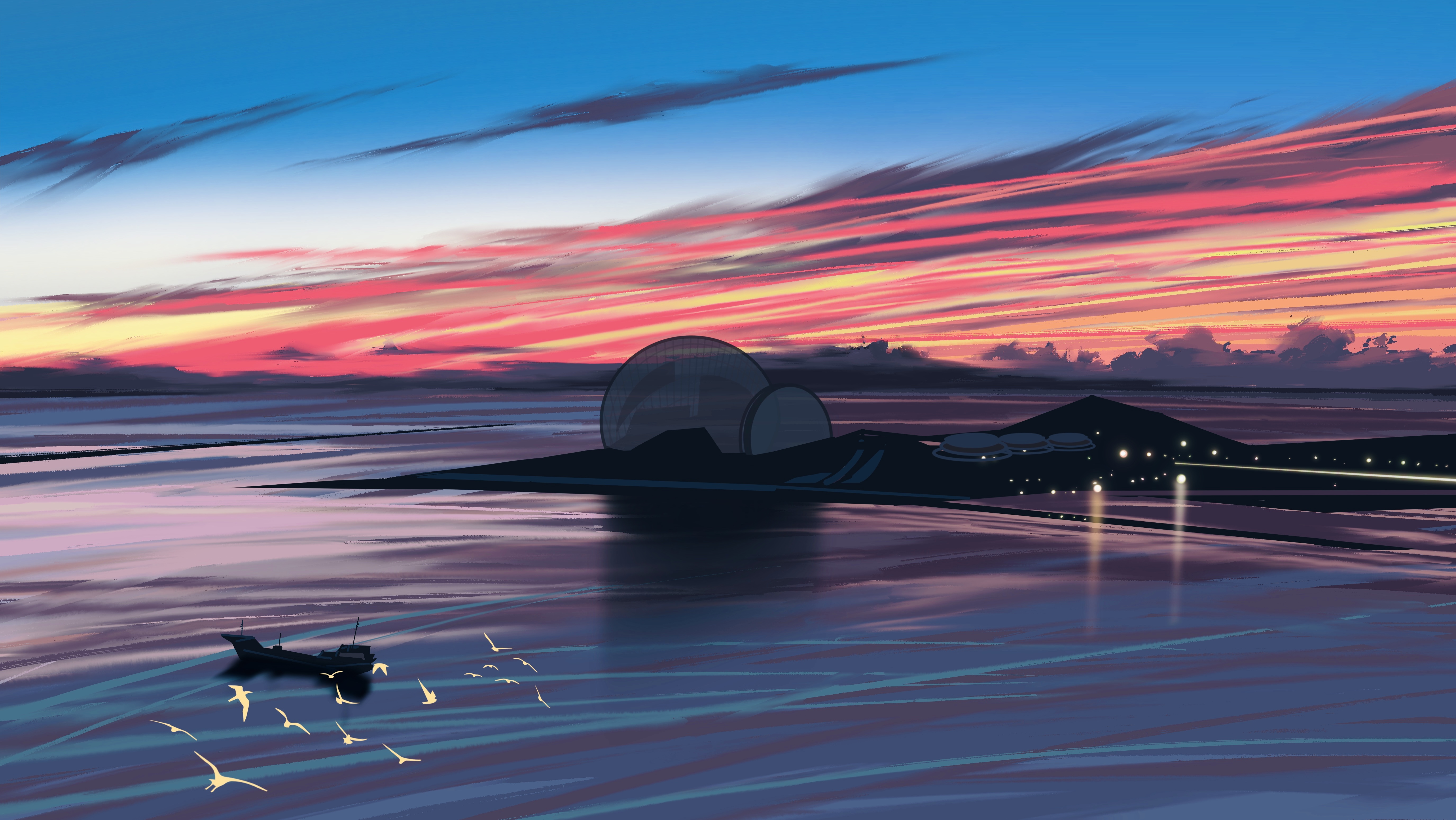 Digital Art Landscape Sea Sky Sunset Ship Fangpeii 5500x3100