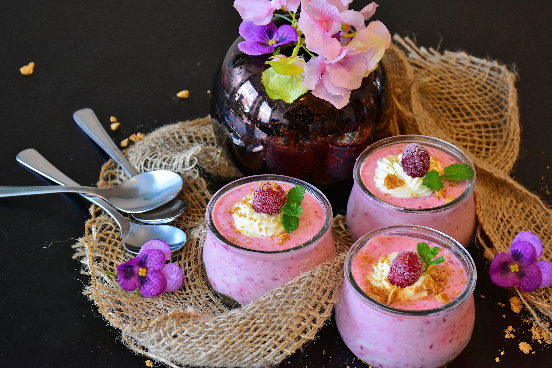 Dessert Flower Raspberry Spoon Still Life Yogurt 2200x1466