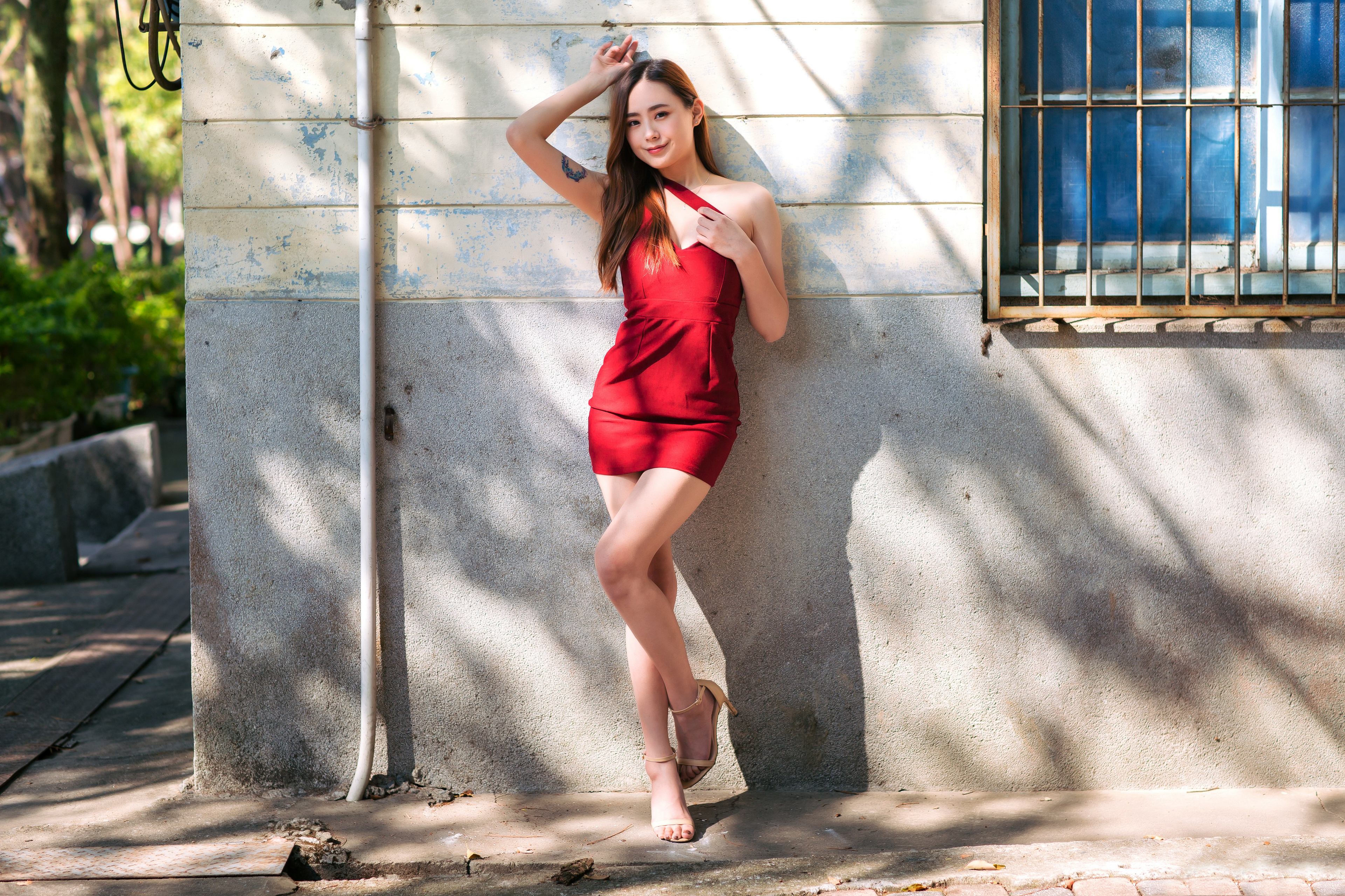 Asian Model Women Long Hair Brunette Red Dress Leaning Drains Tattoo Barefoot Sandal Window Bars Tre 3840x2560