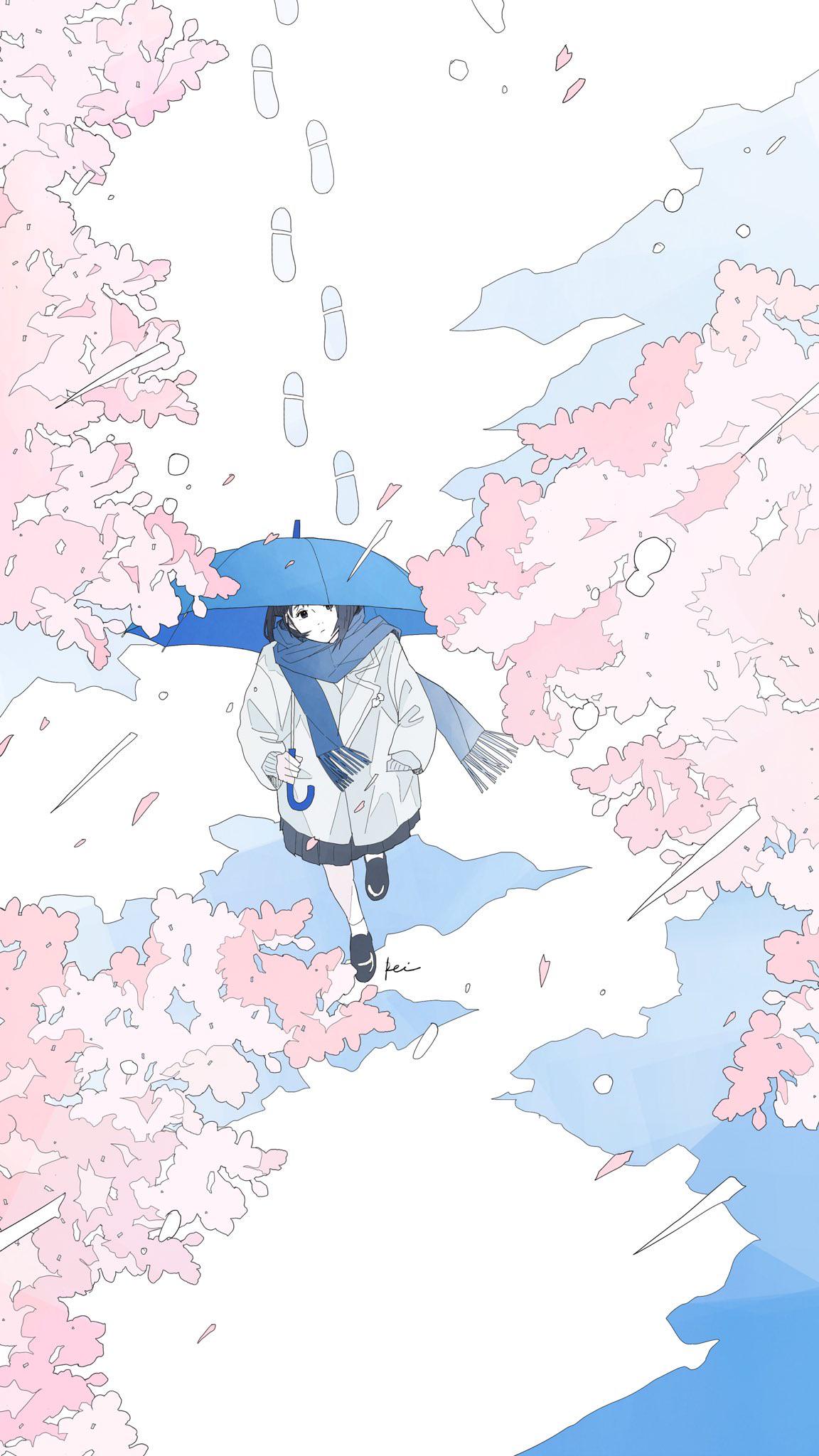 Anime Girls Umbrella White Background Cherry Trees Pastel Scarf 1152x2048