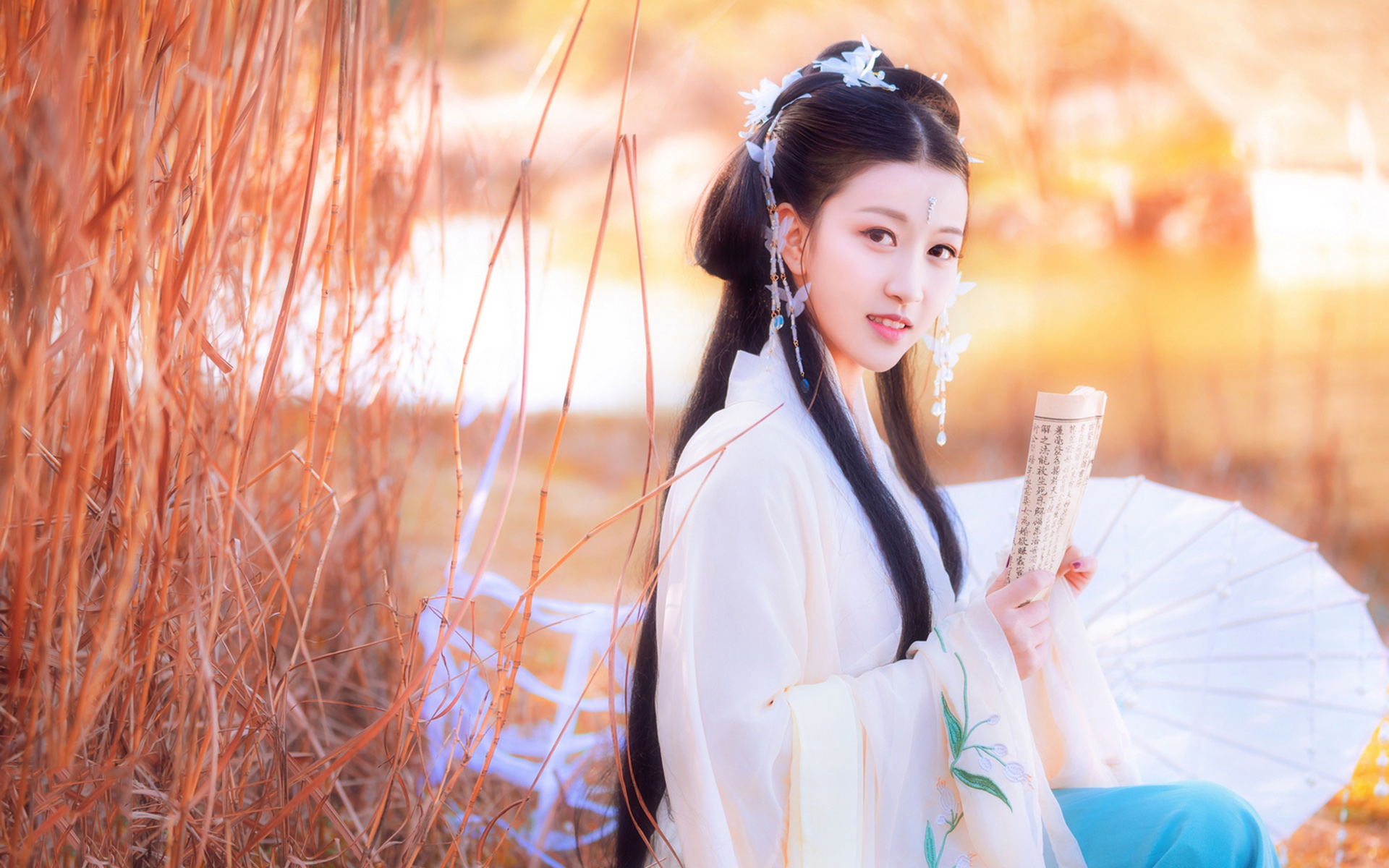 Asian Model Women Brunette Long Hair Umbrella Depth Of Field White Dress Traditional Clothing Hair O 1920x1200