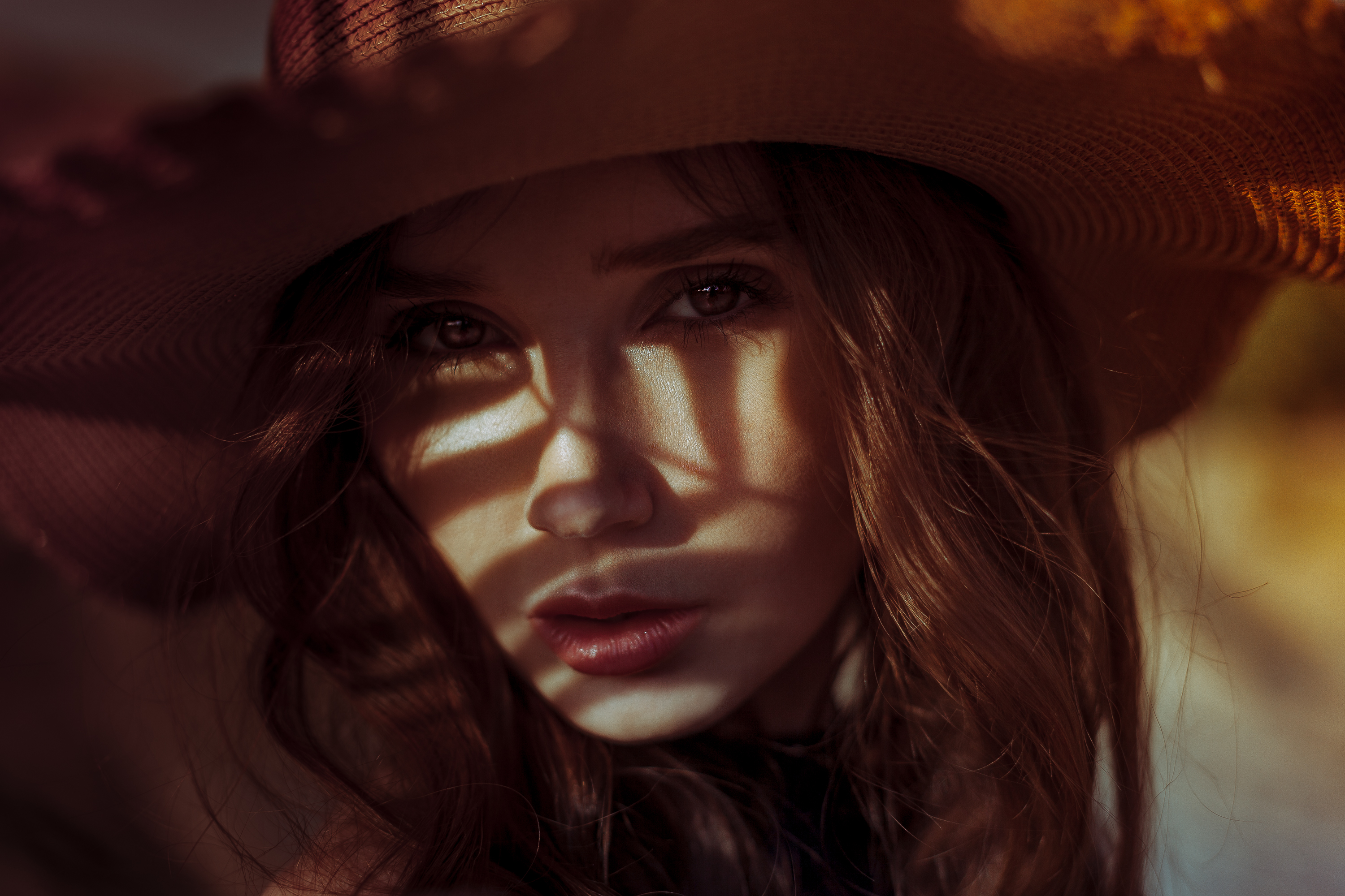 Women Portrait Brunette Brown Eyes Sun Hats Face Closeup 3000x2000