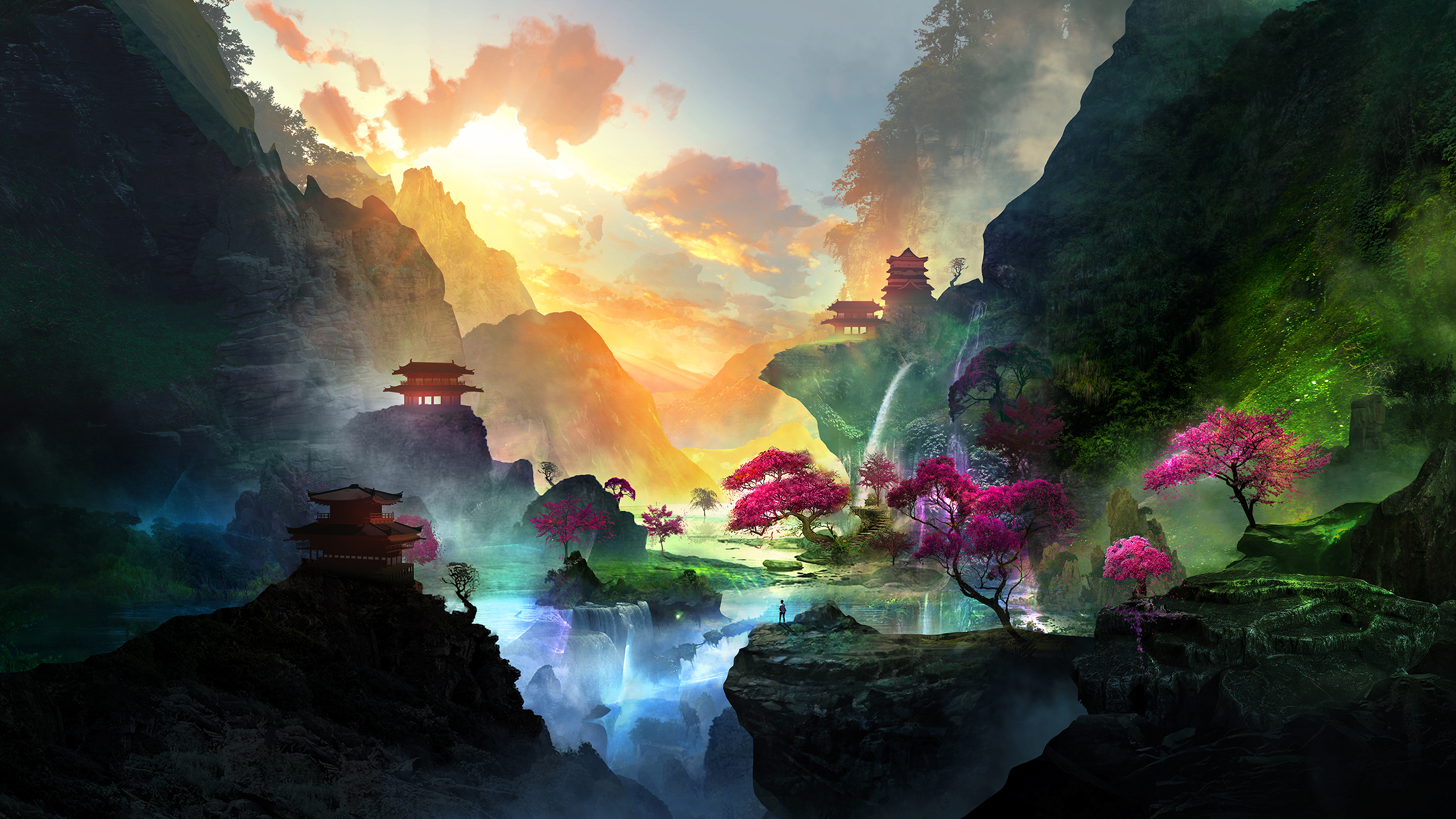 T1na Fantasy Art Landscape Mountains Waterfall Trees 2560x1440