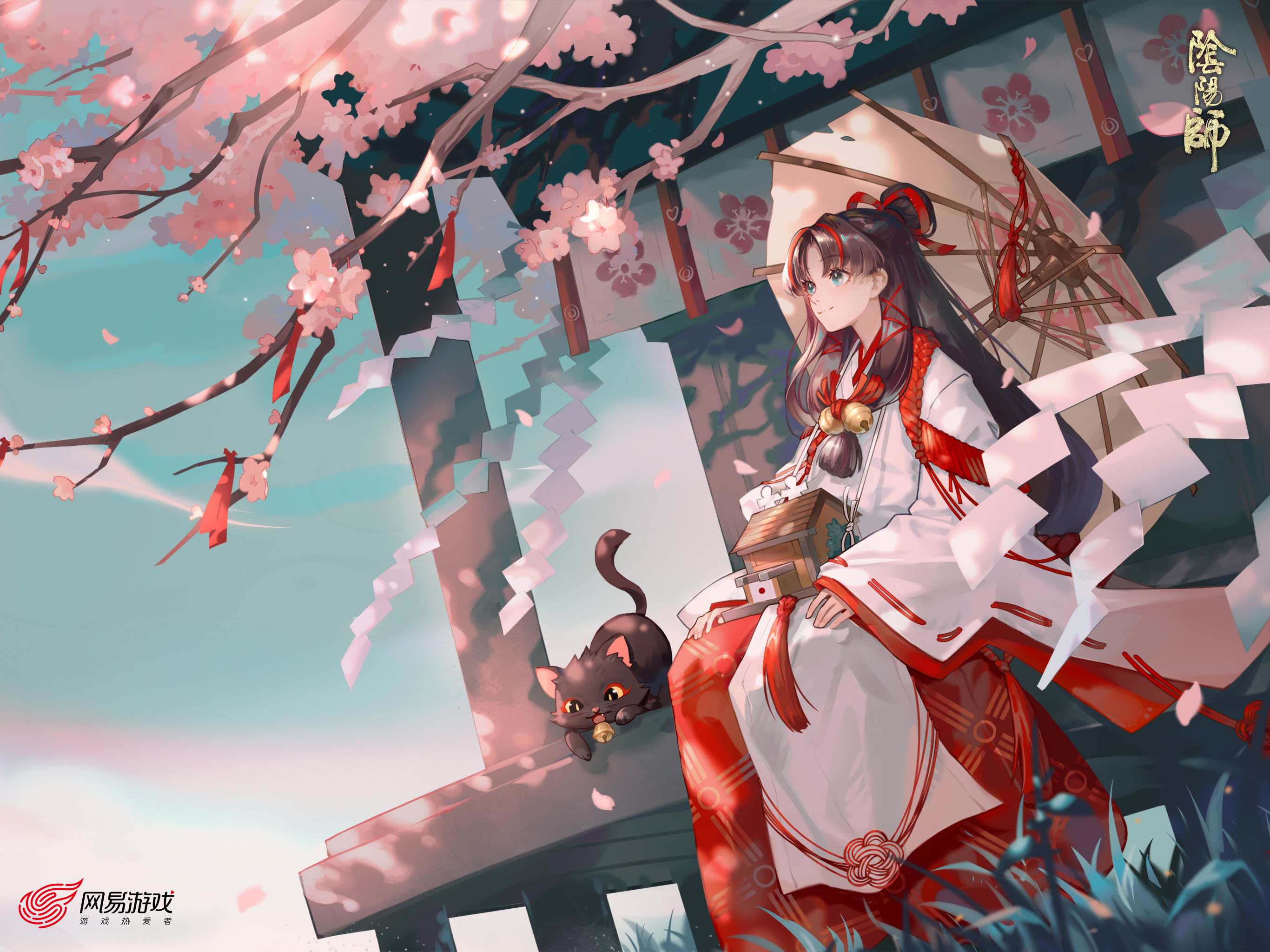 Anime Girls Onmyoji Cherry Blossom Cats Umbrella Brunette 2732x2048