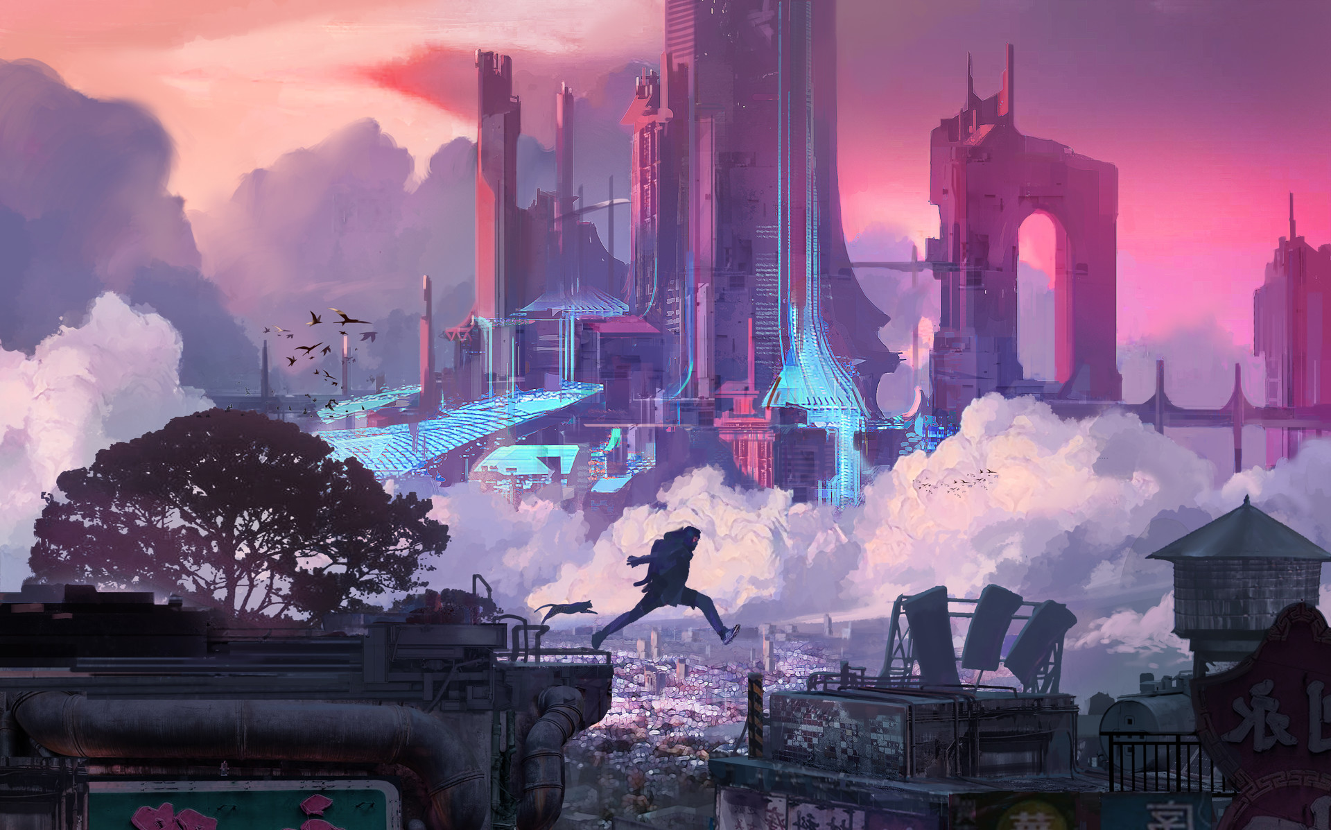 Fu Chenqi Cyber Cyberpunk Futuristic Futuristic City Jumping Parkour 1920x1197