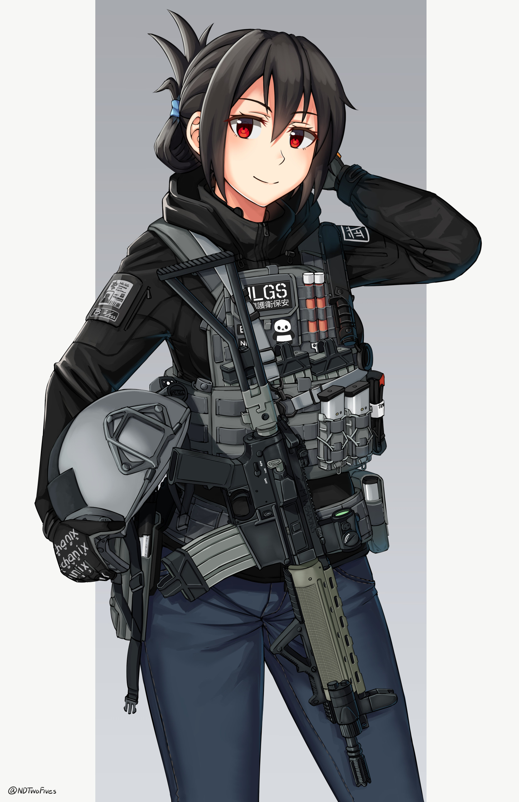 Andy Wu Anime Girls Tactical Gun Vertical NDTwoFives Rifles Helmet Black Hair Red Eyes 1650x2550