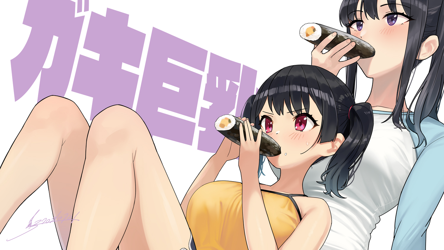 Anime Anime Girls Digital Art Artwork 2D Portrait Kaedeko Food Sushi Anime Girls Eating Blush Black  1500x847
