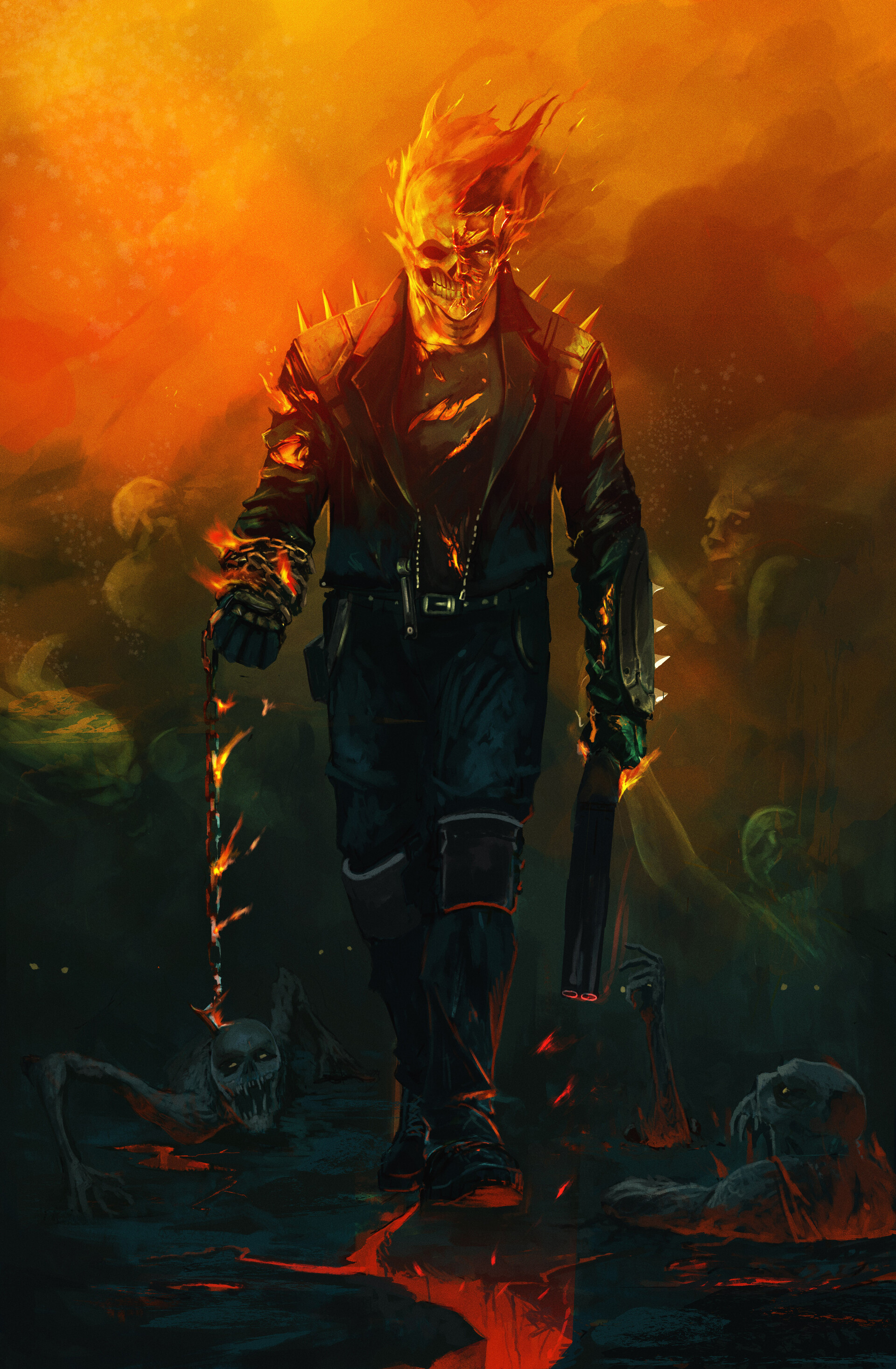 Marvel Comics Ghost Rider Superhero Leather Jackets Spikes Leather Boots Chains Shotgun Fire 1920x2934