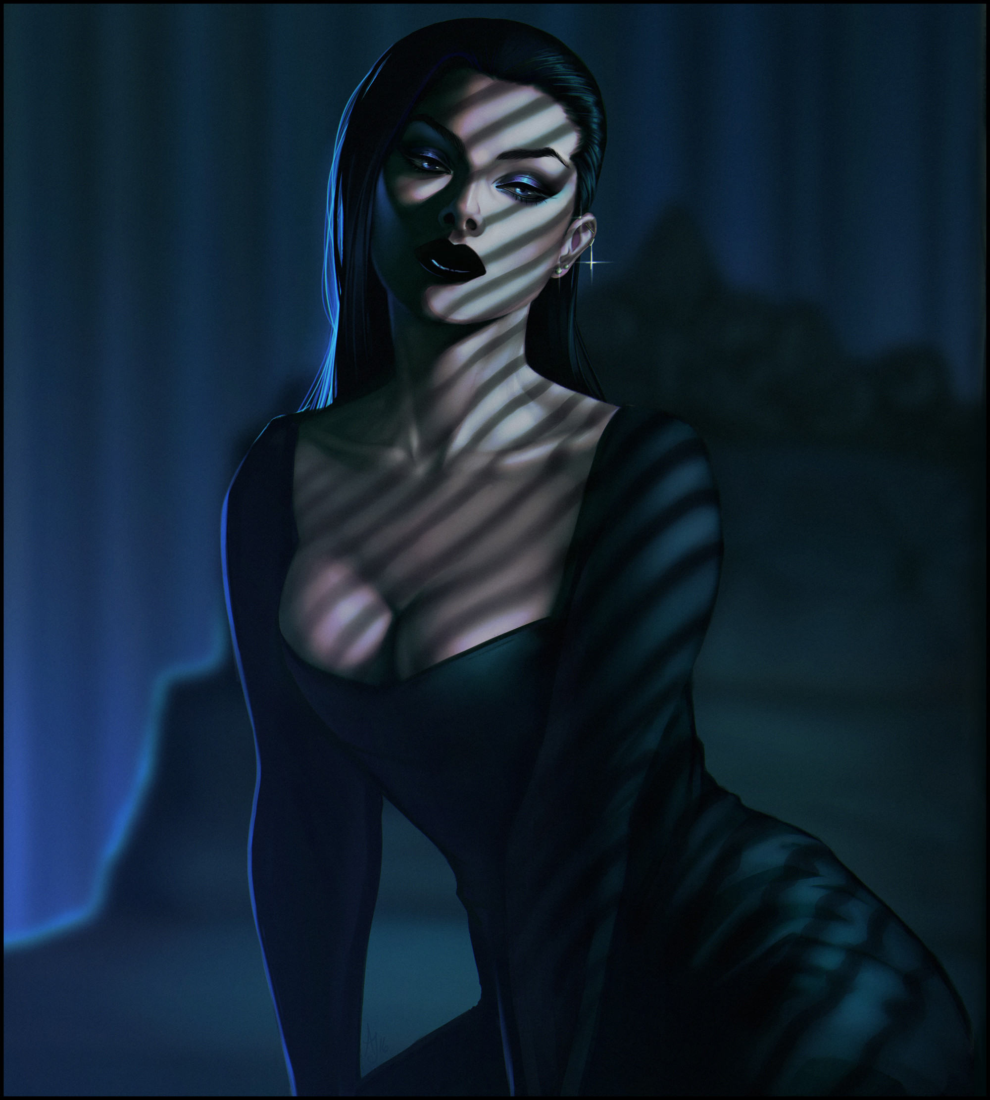 Black Dress Looking Away Dark Lipstick Dark Hair Digital Art Portrait Display Digital Painting Women 2000x2222
