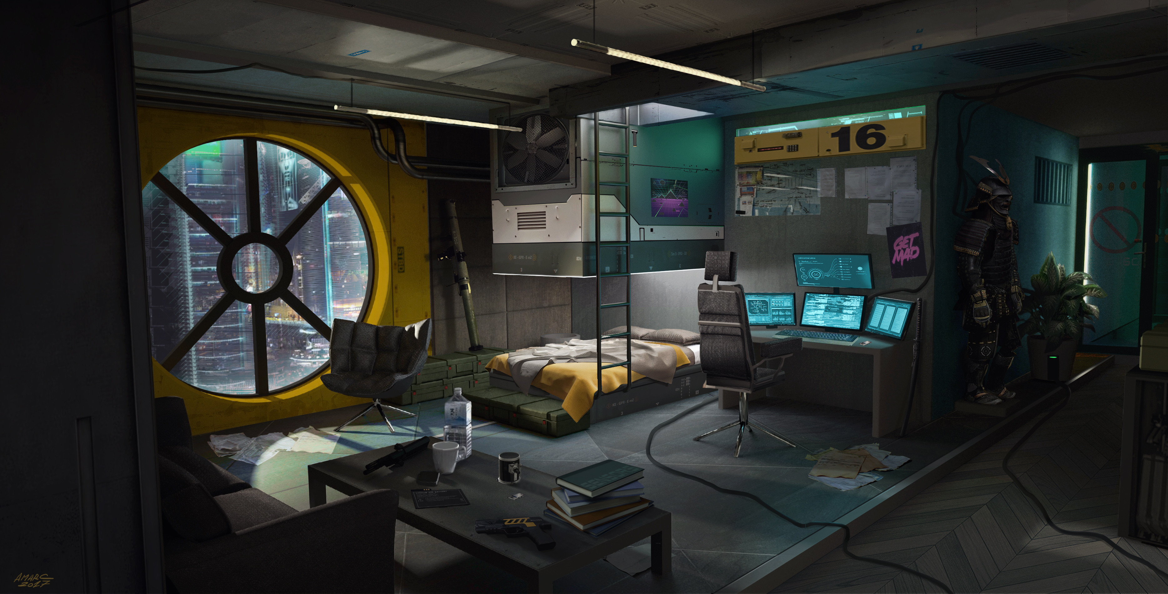 Adrian Marc Cyberpunk Room Digital Painting Video Game Art Artwork Cyberpunk 2077 Fan Art Samurai Di 3736x1900