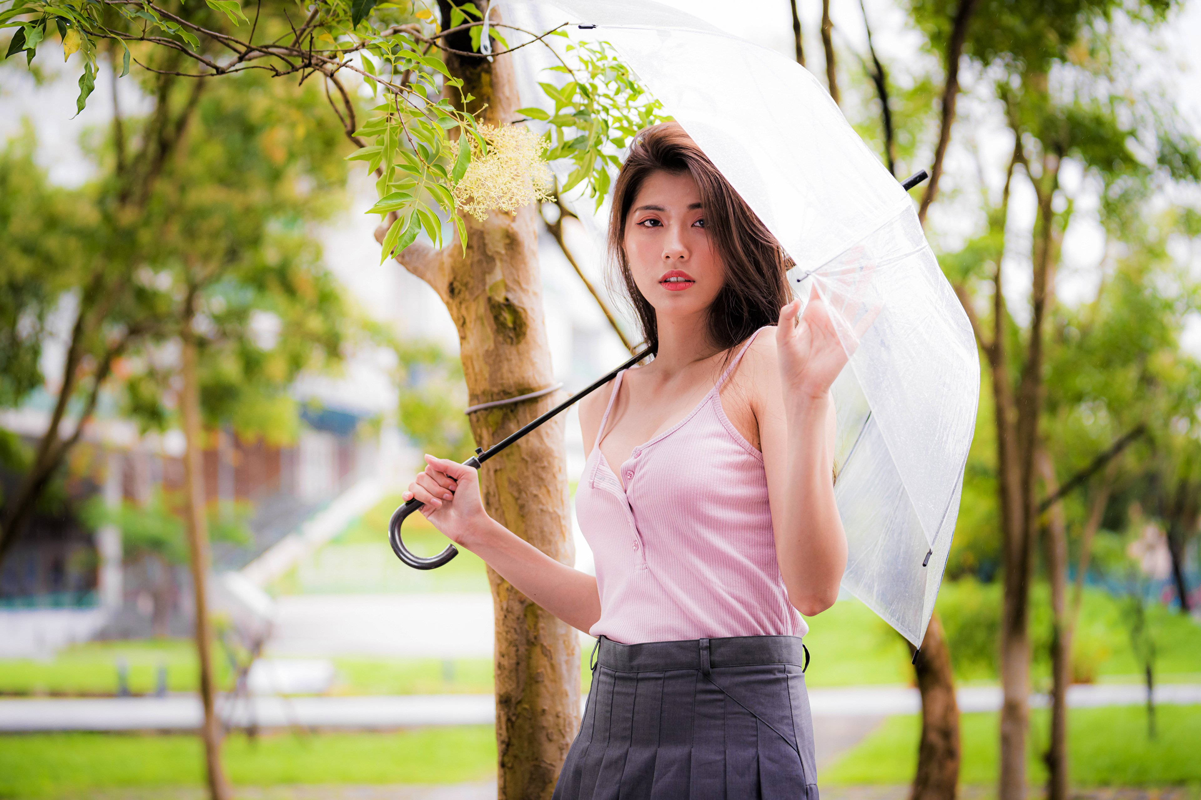 Asian Model Women Long Hair Brunette Umbrella Trees Pink Shirt Skirt Grass Depth Of Field 3840x2559