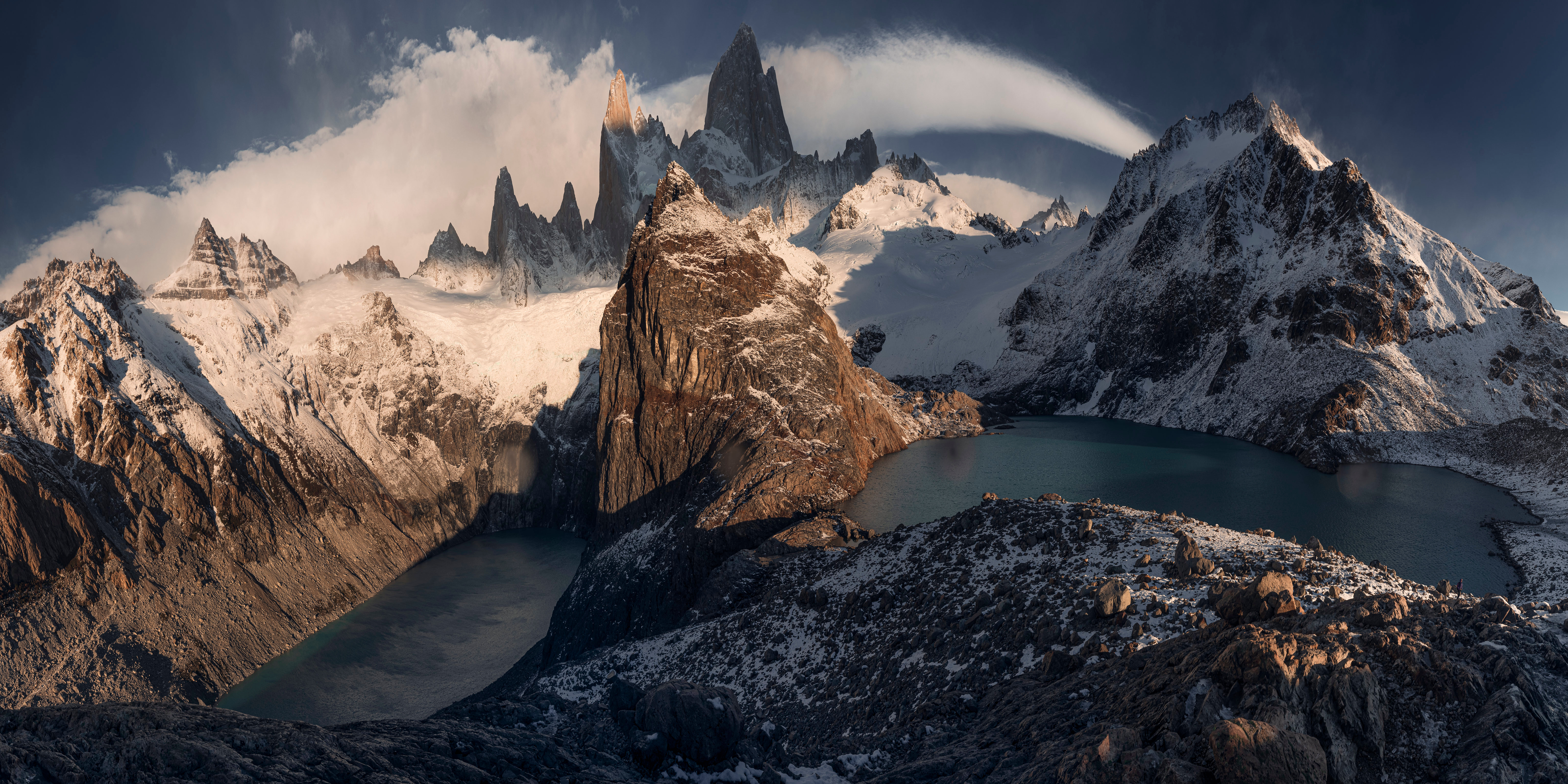 Nature Landscape Mountains Snow Winter Argentina Patagonia Monte Fitz Roy Clouds Panorama Snowy Peak 6144x3072