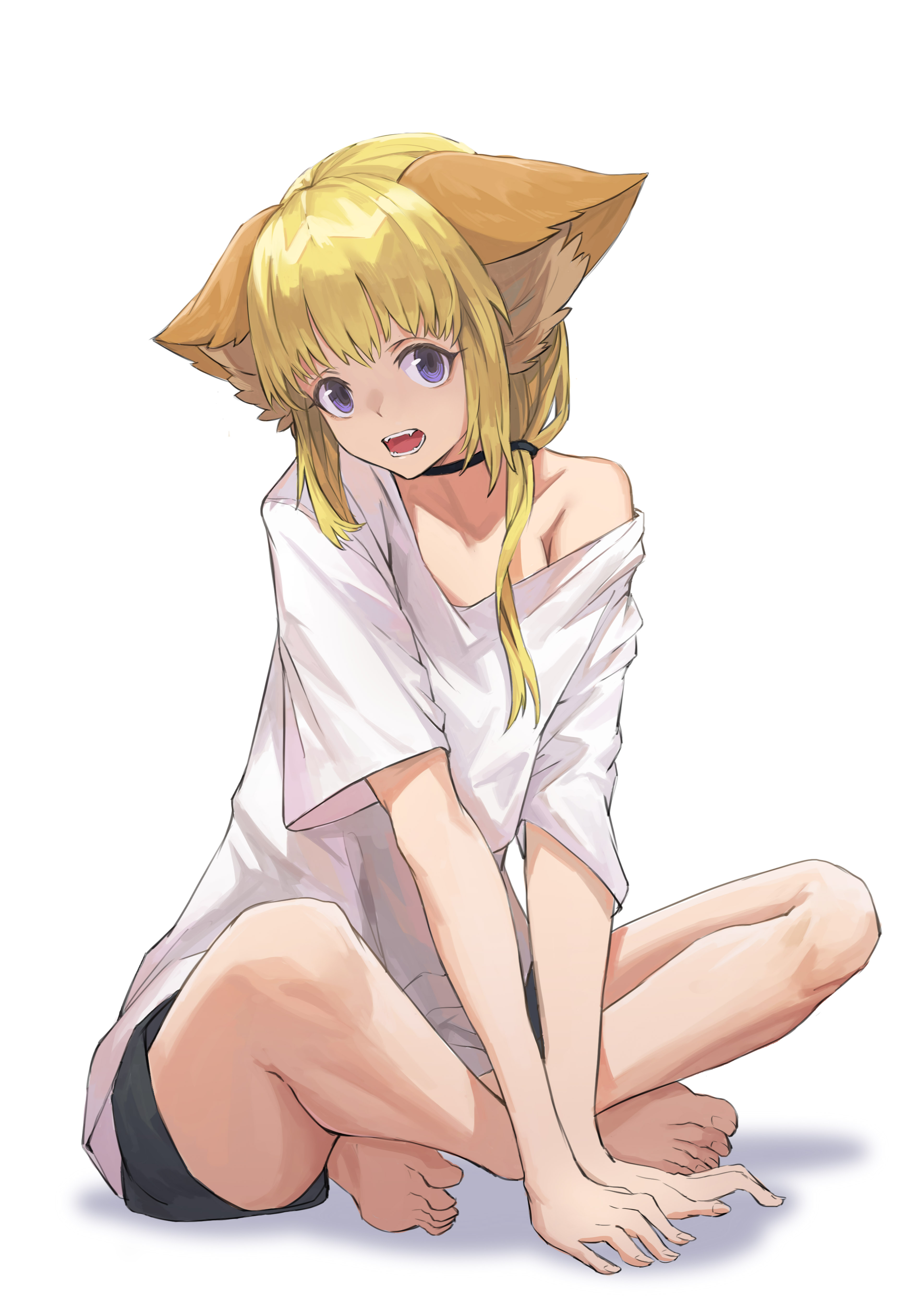 Kemono Jihen Fox Girl Blond Hair White T Shirt Barefoot Blue Eyes Anime Girls Fangs Looking At Viewe 3543x5012