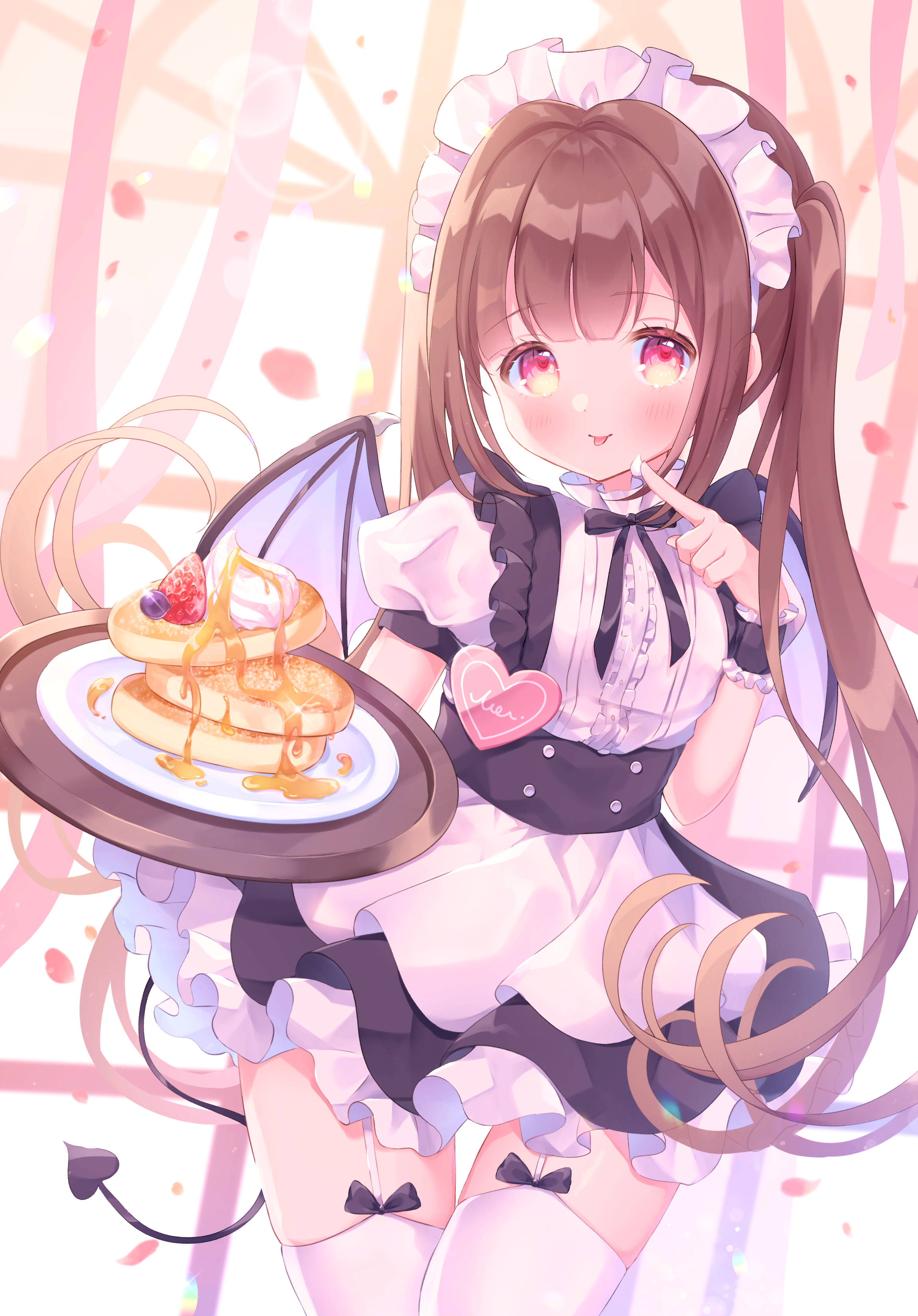 Anime Anime Girls Waitress Brunette Vertical Bat Wings Pancakes Maid Outfit Wings Tail Thigh Highs T 2328x3336