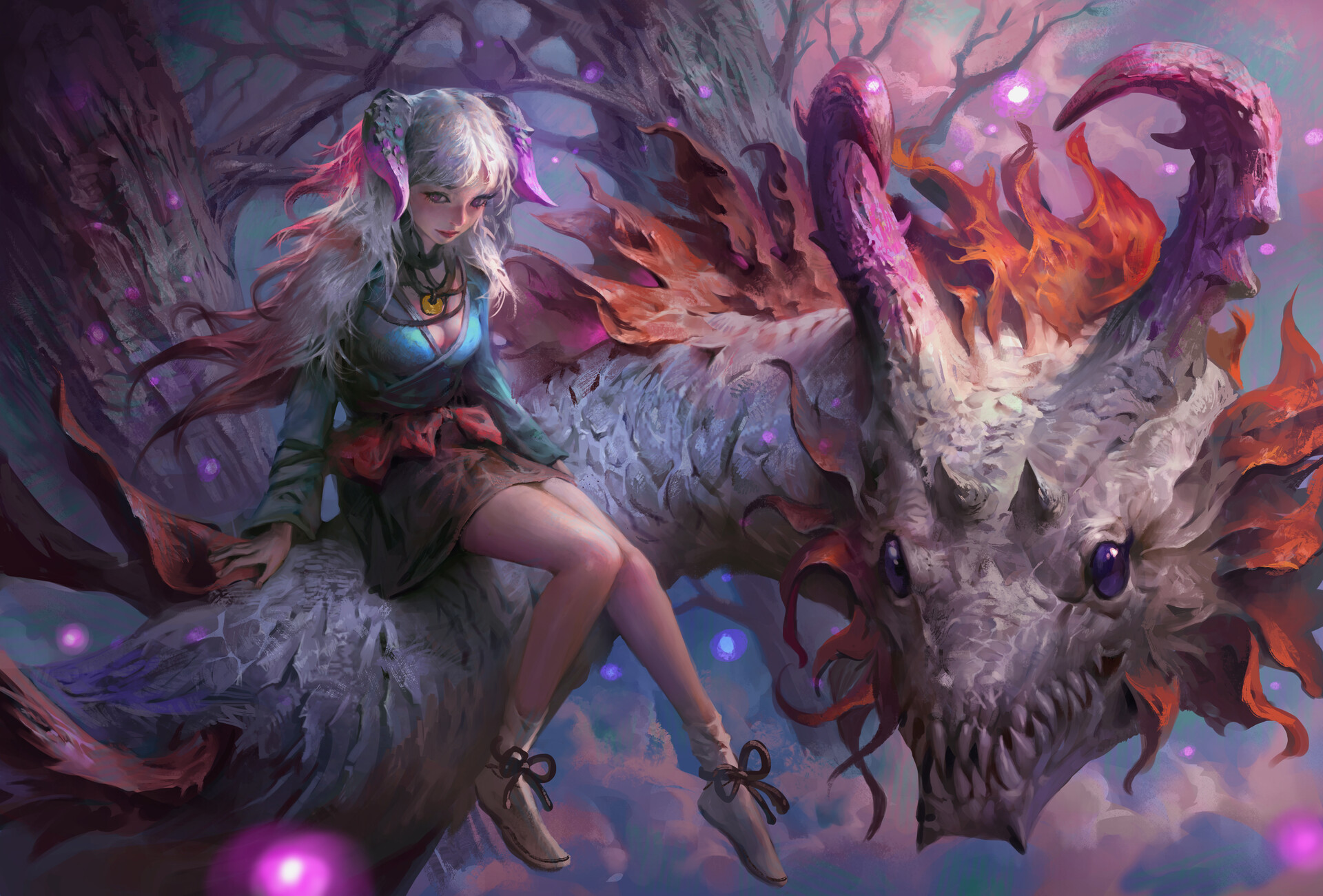 Artwork Fantasy Art Women Fantasy Girl Legs Sitting Dragon Creature ArtStation Knees Together Hair H 1920x1301