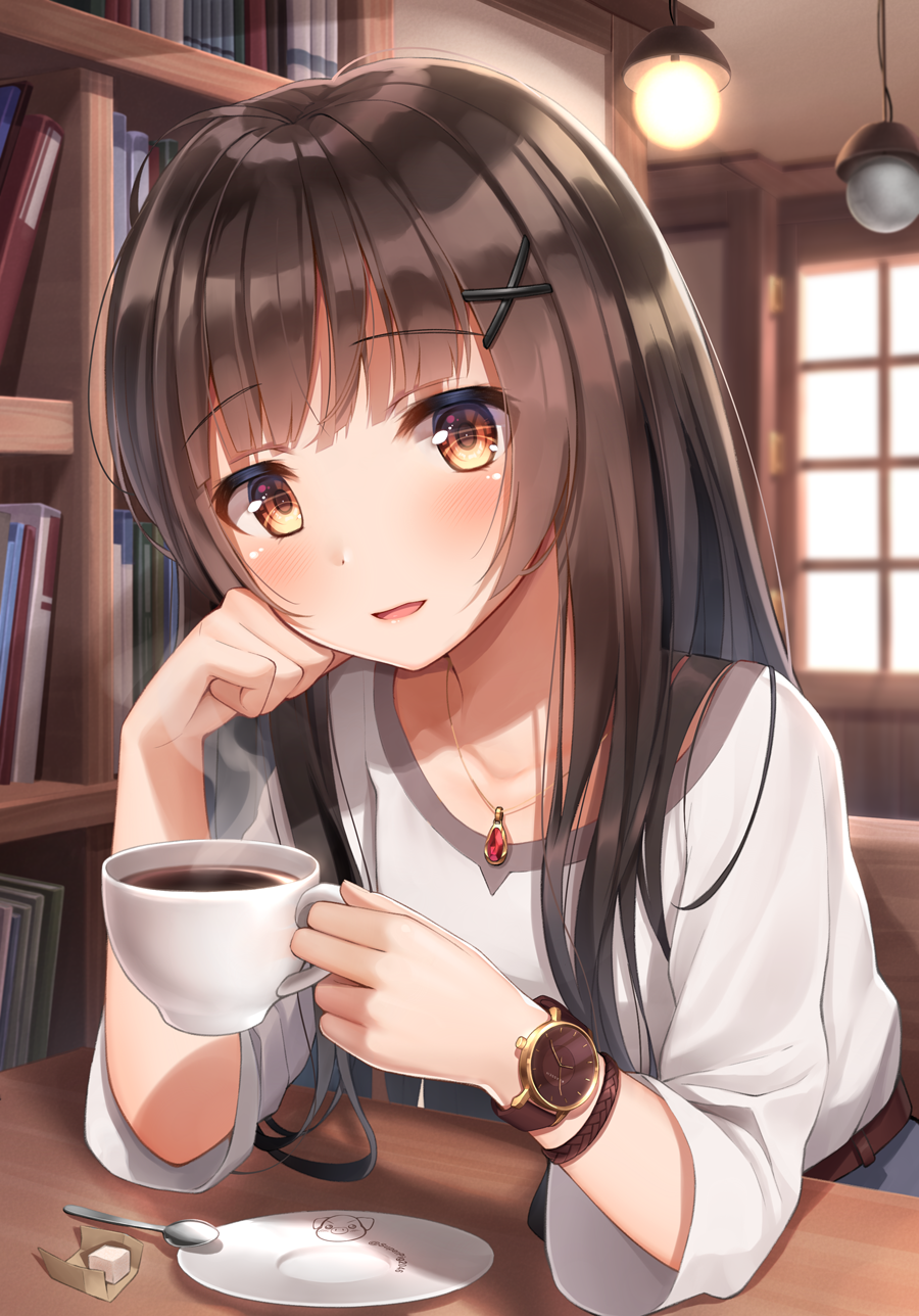 Anime Anime Girls Coffee Brunette Brown Eyes 900x1288
