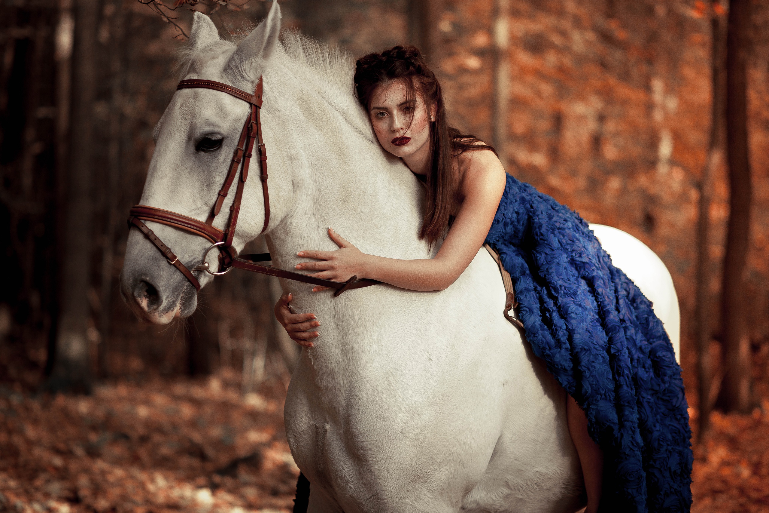 Blue Dress Depth Of Field Girl Horse Lipstick Model Redhead Woman 2560x1706